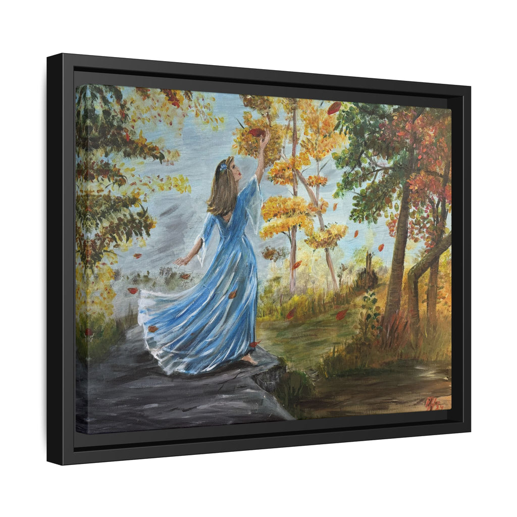 Autumn Breeze Canvas Print — Woman in Blue Dress Framed Wall Art