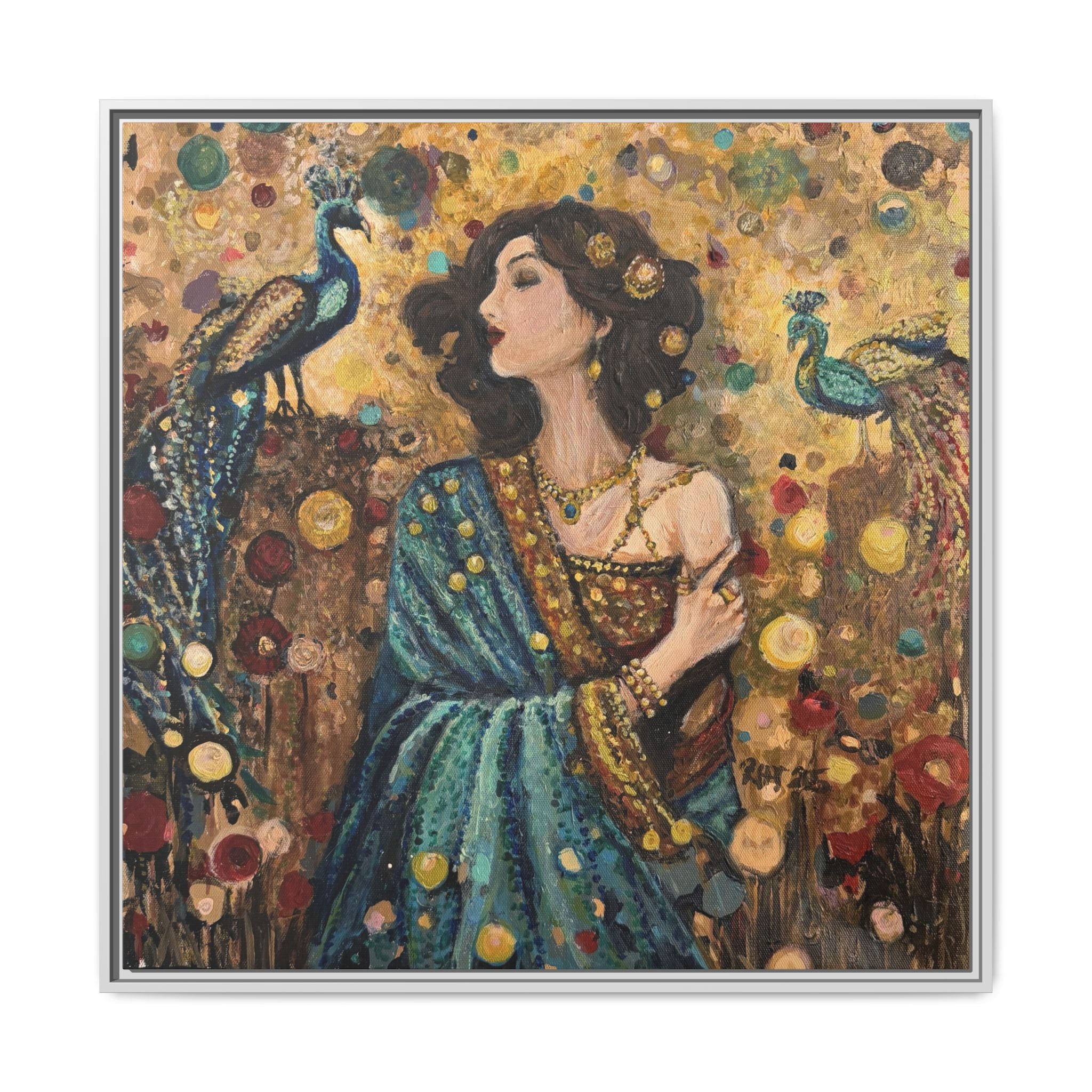 Gilded Peacock Muse Framed Canvas Art Print of Original— Bohemian Floral Decorative Print