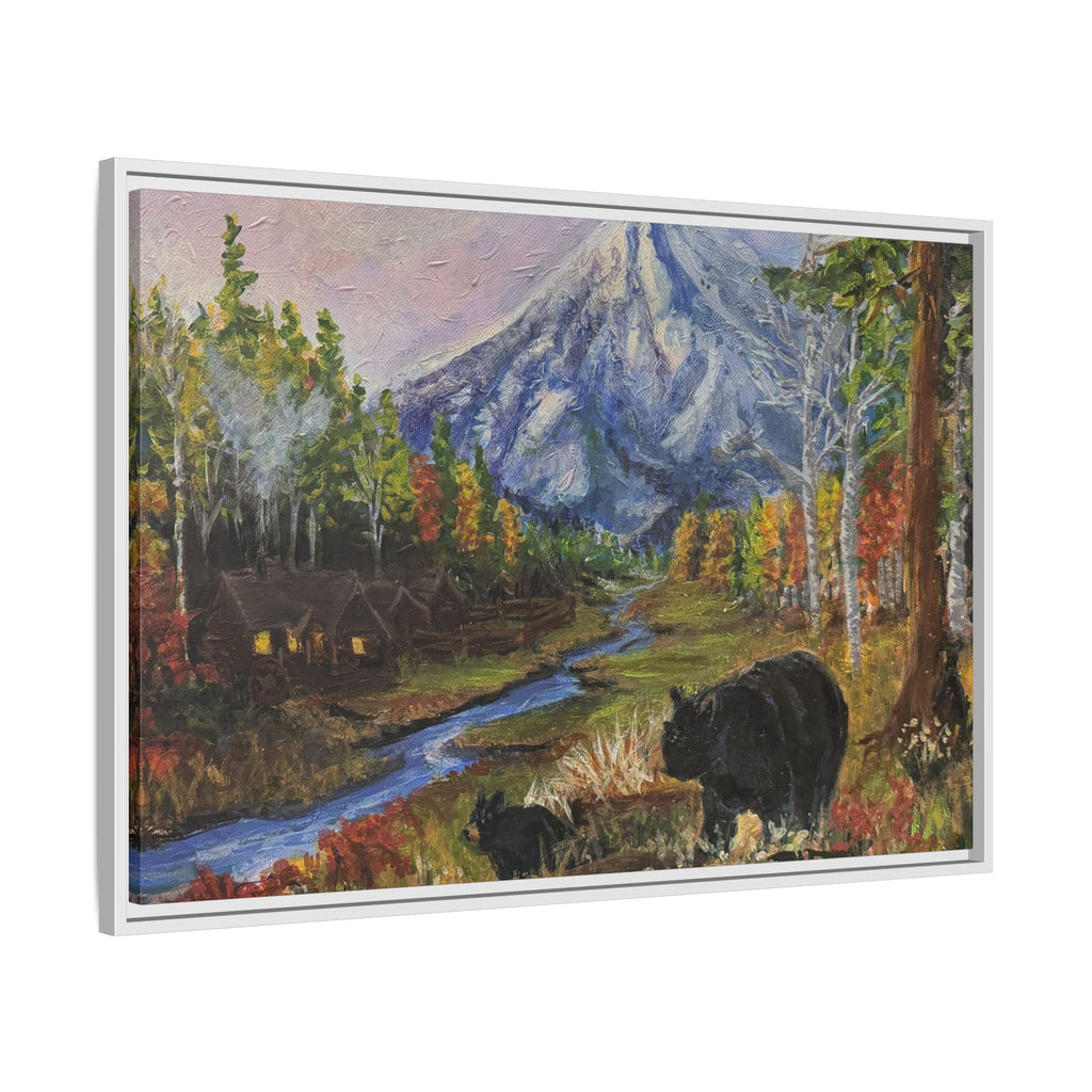 Framed Matte Canvas - Three Bear Stroll  - Mountain Stream with Bears Landscape Wall Art