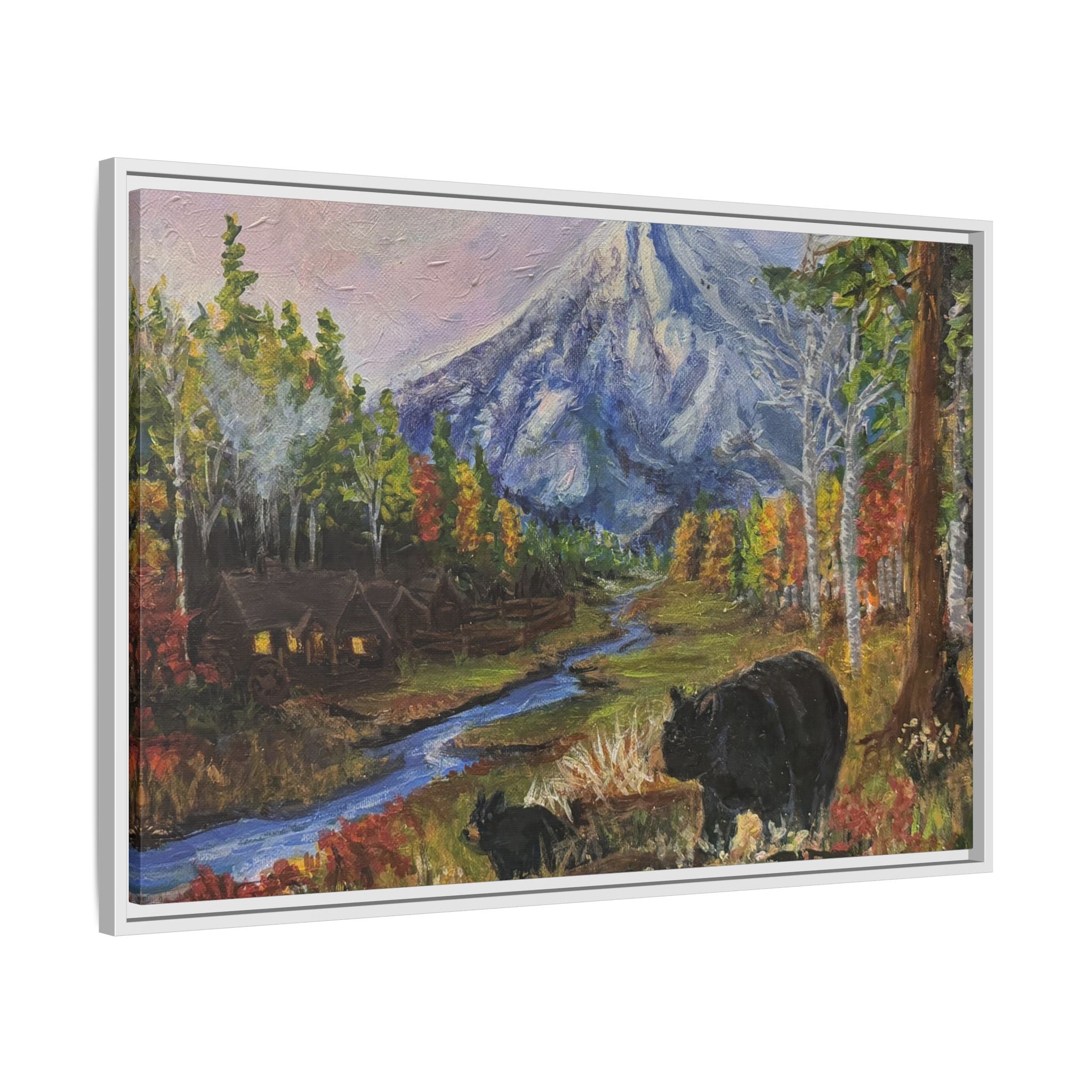 Framed Matte Canvas - Three Bear Stroll  - Mountain Stream with Bears Landscape Wall Art