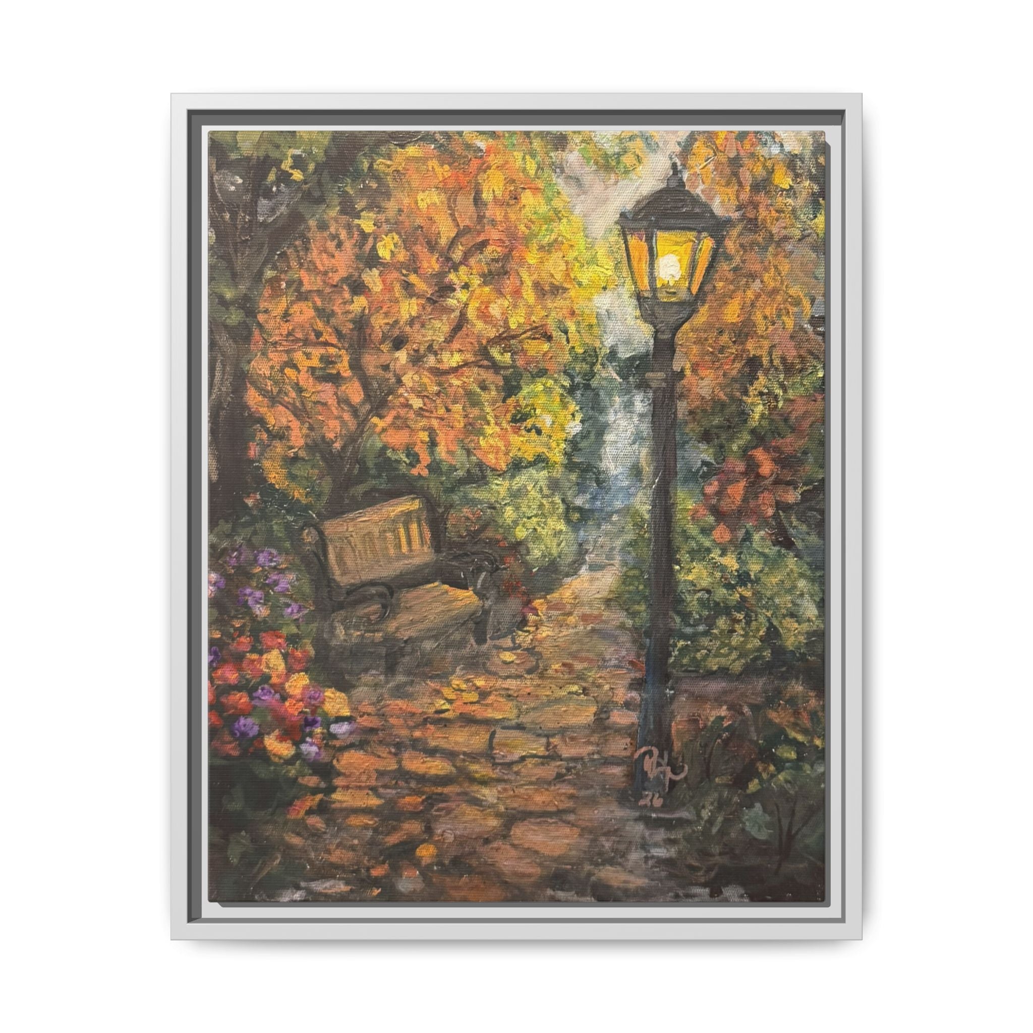 Framed Matte Canvas Art — Autumn Park Bench with Lamp Post (Cozy Fall Wall Decor)