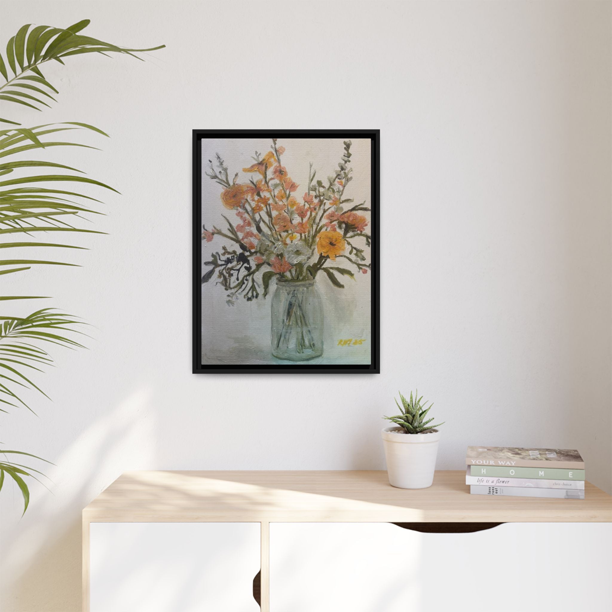 Framed Matte Canvas Art - Flower in Glass Jar Floral Painting Print of Original