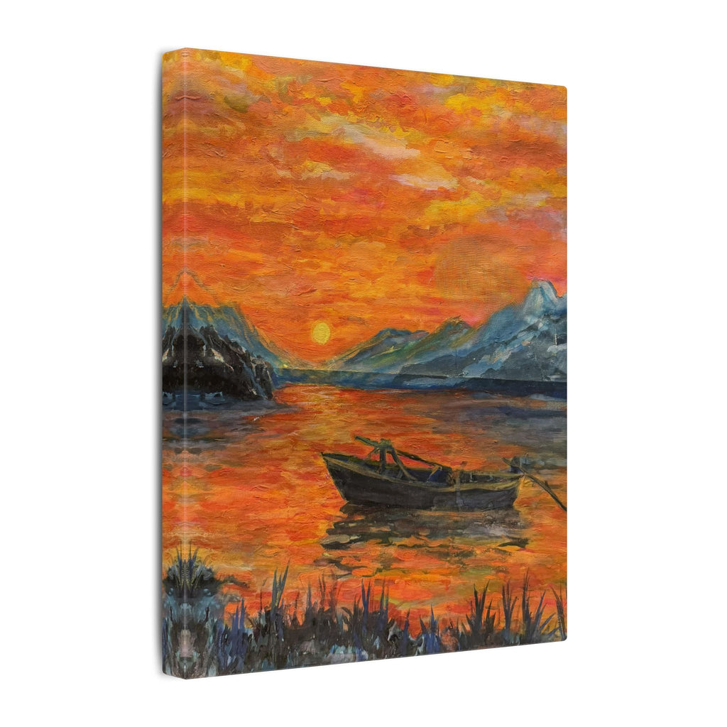 Boat on Sunset Lake Canvas Wall Art Print of Original— Orange Seascape Landscape Print