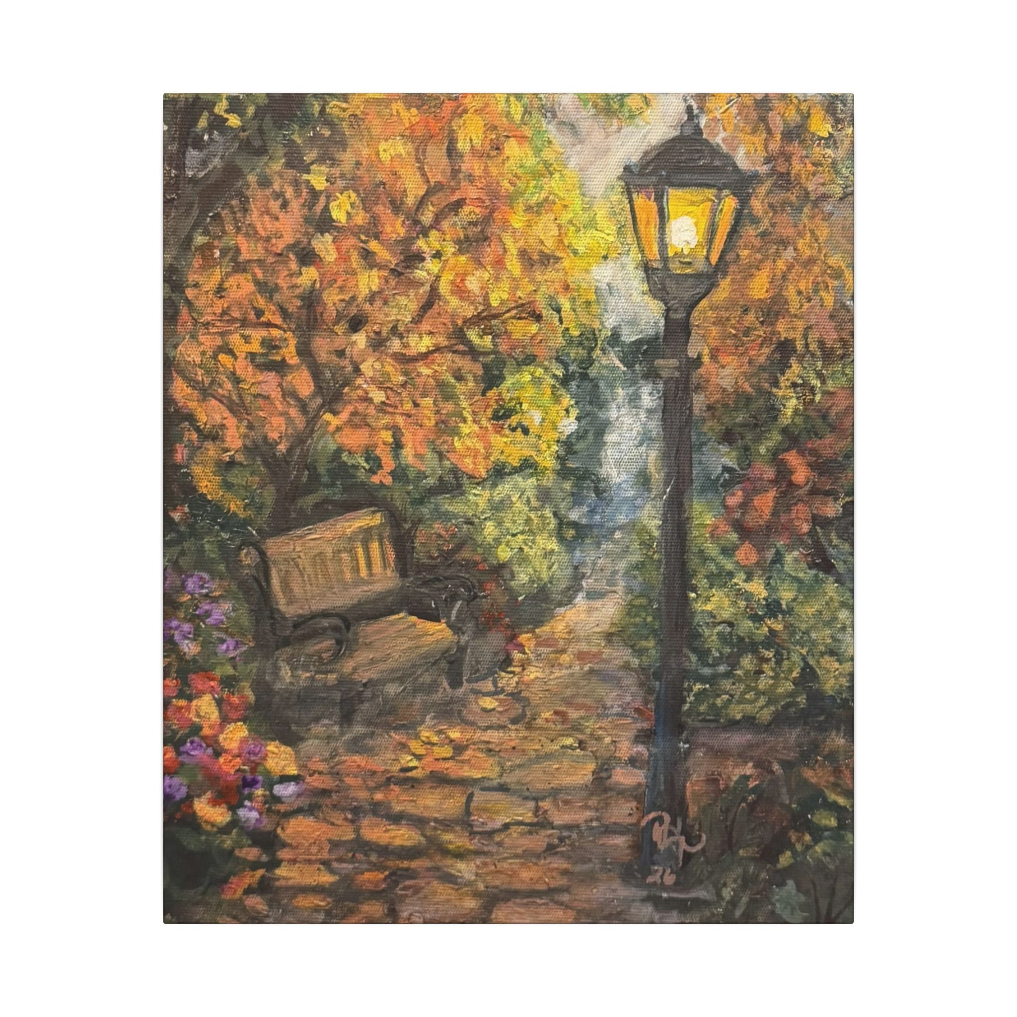 Autumn Evening in the Park Canvas Print of Original— Lantern & Bench Fall Wall Decor