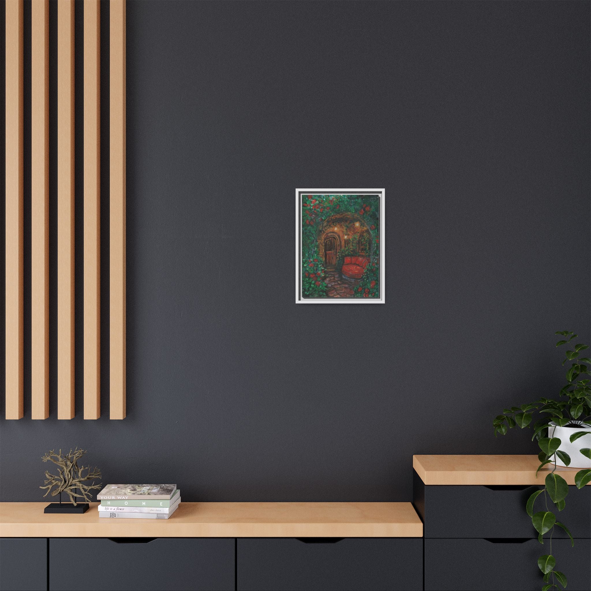 Framed Matte Canvas Art – Cozy Garden Doorway with Red Chair Print of Original Hidden Doorway