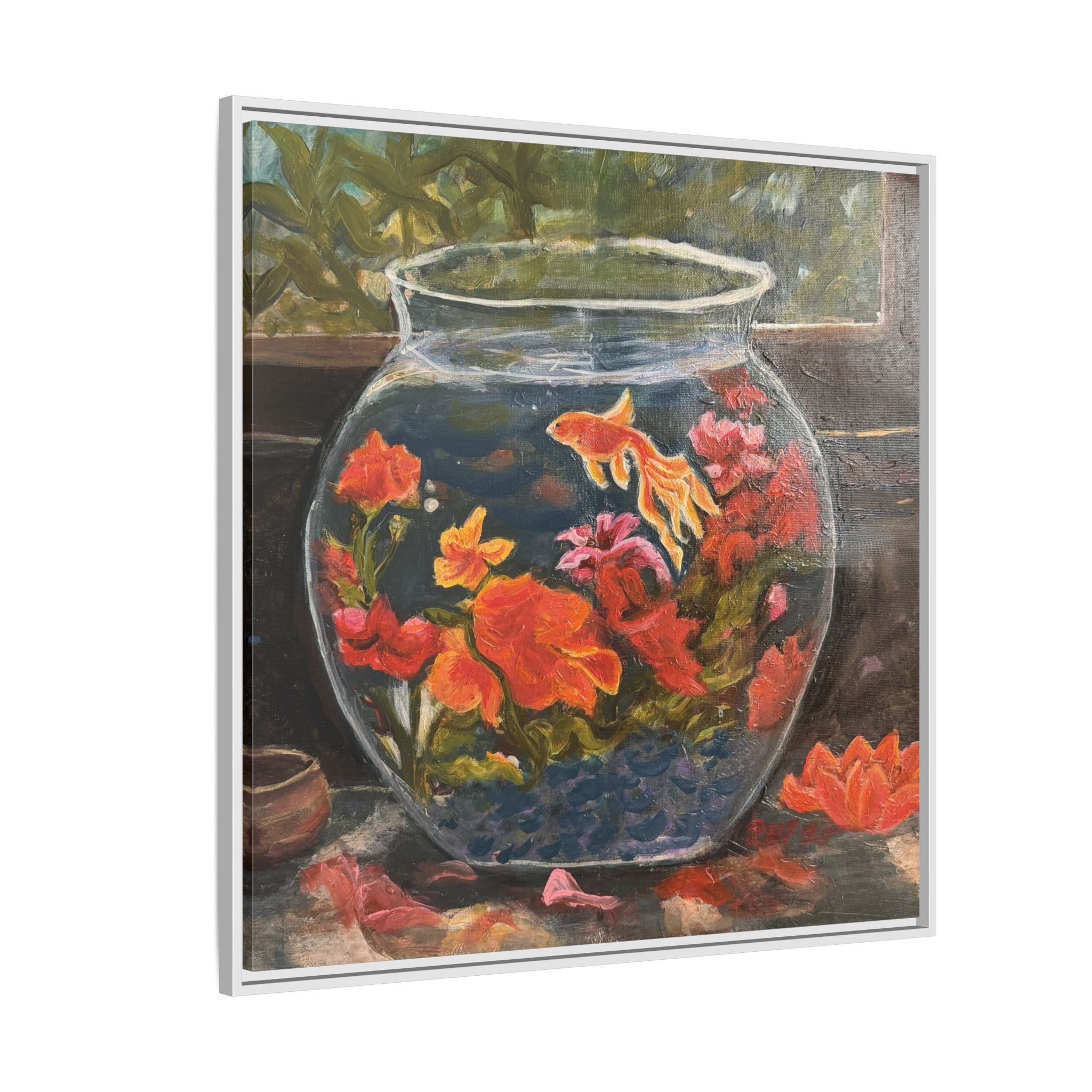 Framed Matte Canvas Print of Original– Colorful Goldfish Bowl Art