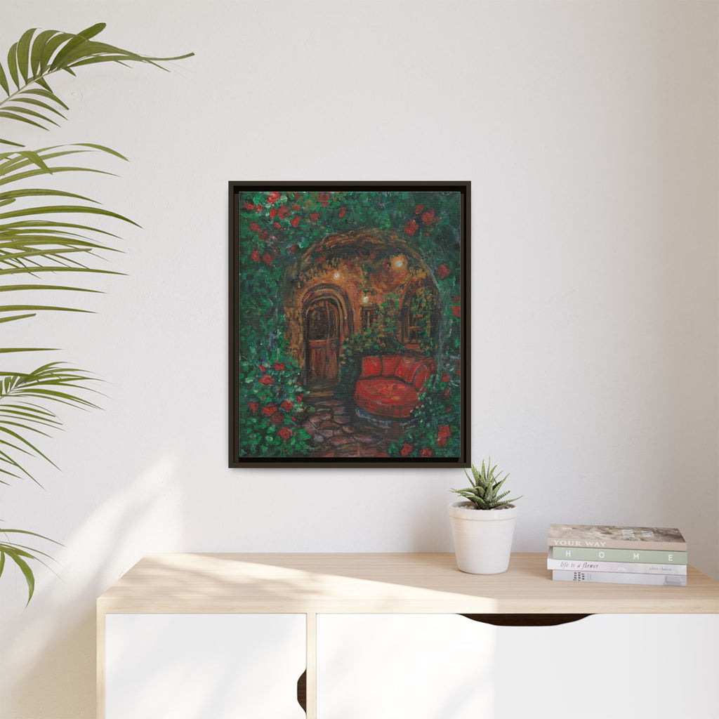 Framed Matte Canvas Art – Cozy Garden Doorway with Red Chair Print of Original Hidden Doorway