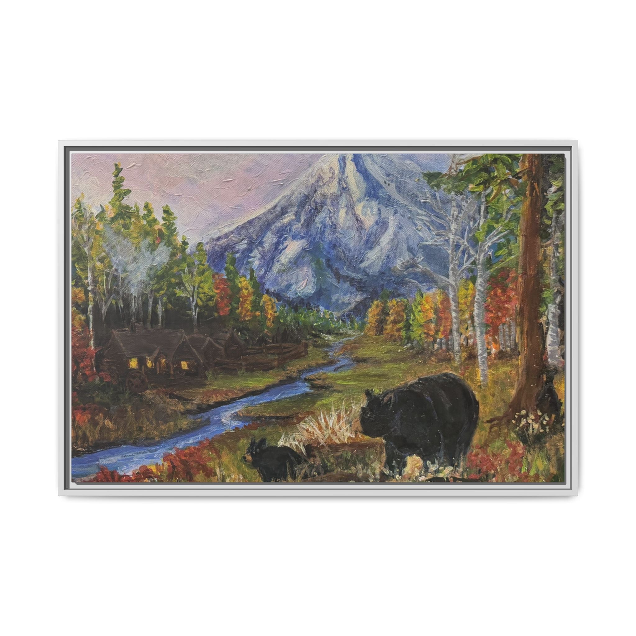 Framed Matte Canvas - Three Bear Stroll  - Mountain Stream with Bears Landscape Wall Art