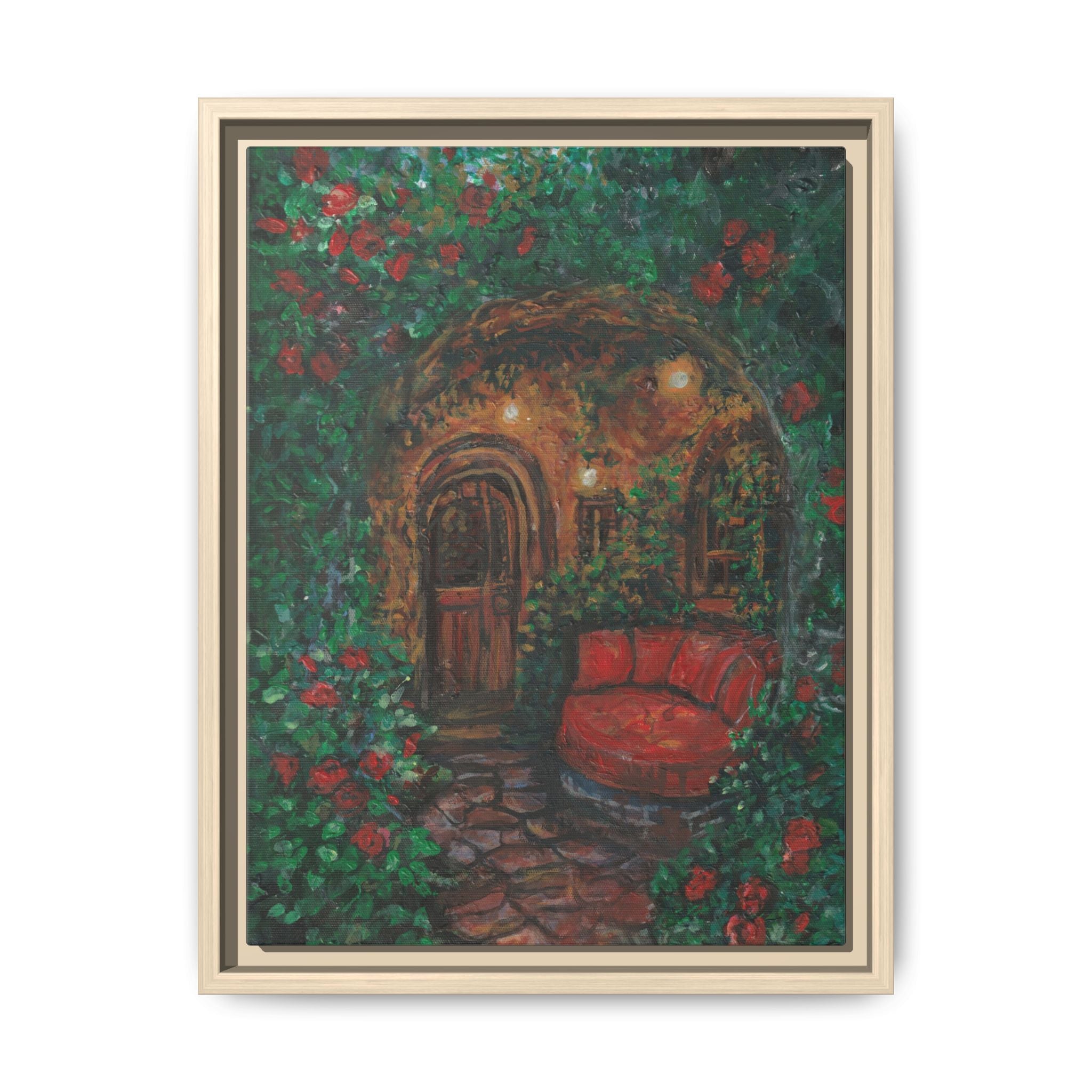 Framed Matte Canvas Art – Cozy Garden Doorway with Red Chair Print of Original Hidden Doorway