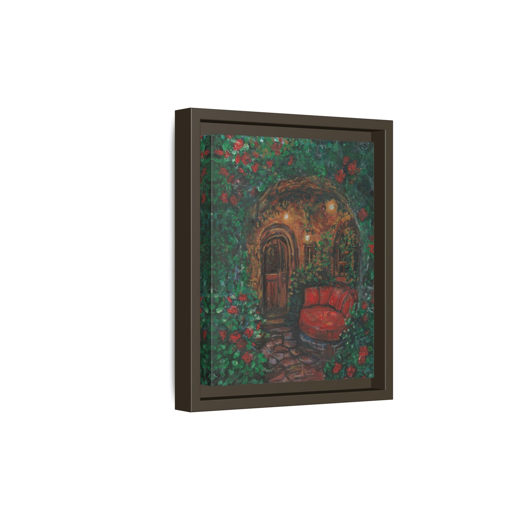 Framed Matte Canvas Art – Cozy Garden Doorway with Red Chair Print of Original Hidden Doorway