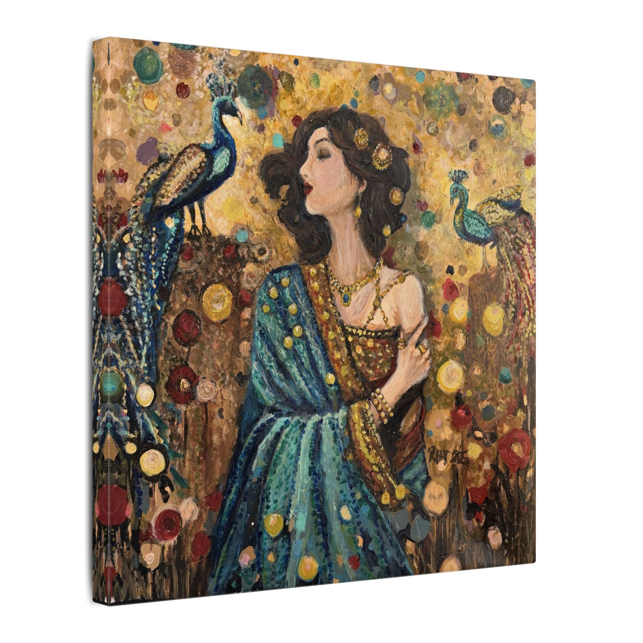 Gilded Peacock Muse Matte Canvas Wall Art  Print of Original— Stretched Decorative Painting