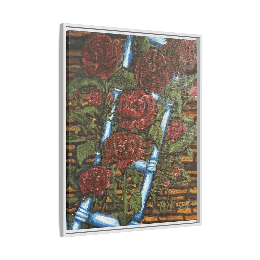 Framed Matte Canvas Art Print of Original Climbing Roses — Red Roses & Blue Ladder Floral Painting