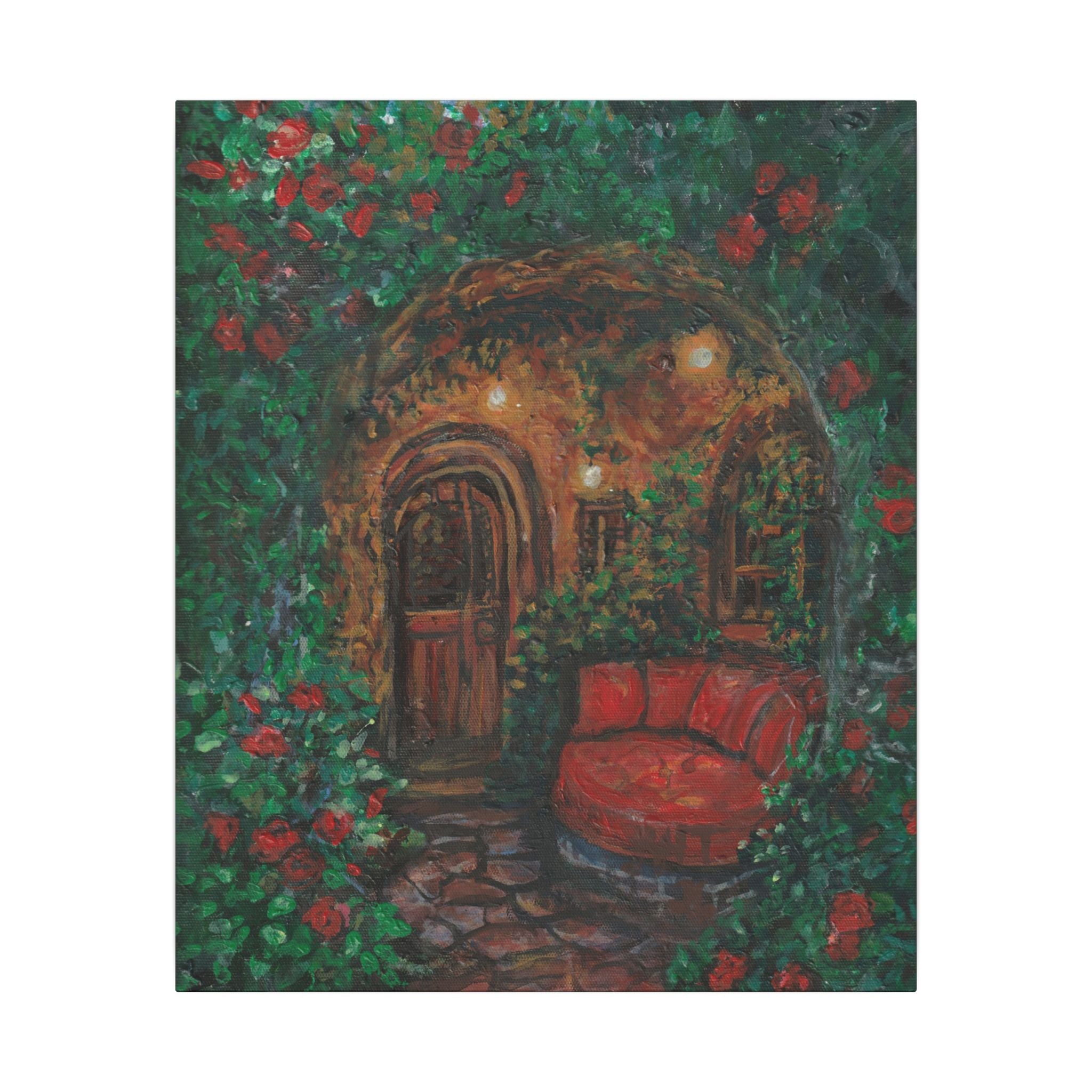 Hidden Entrance Canvas Art - Cozy Red Chair Doorway Painting Print of Original