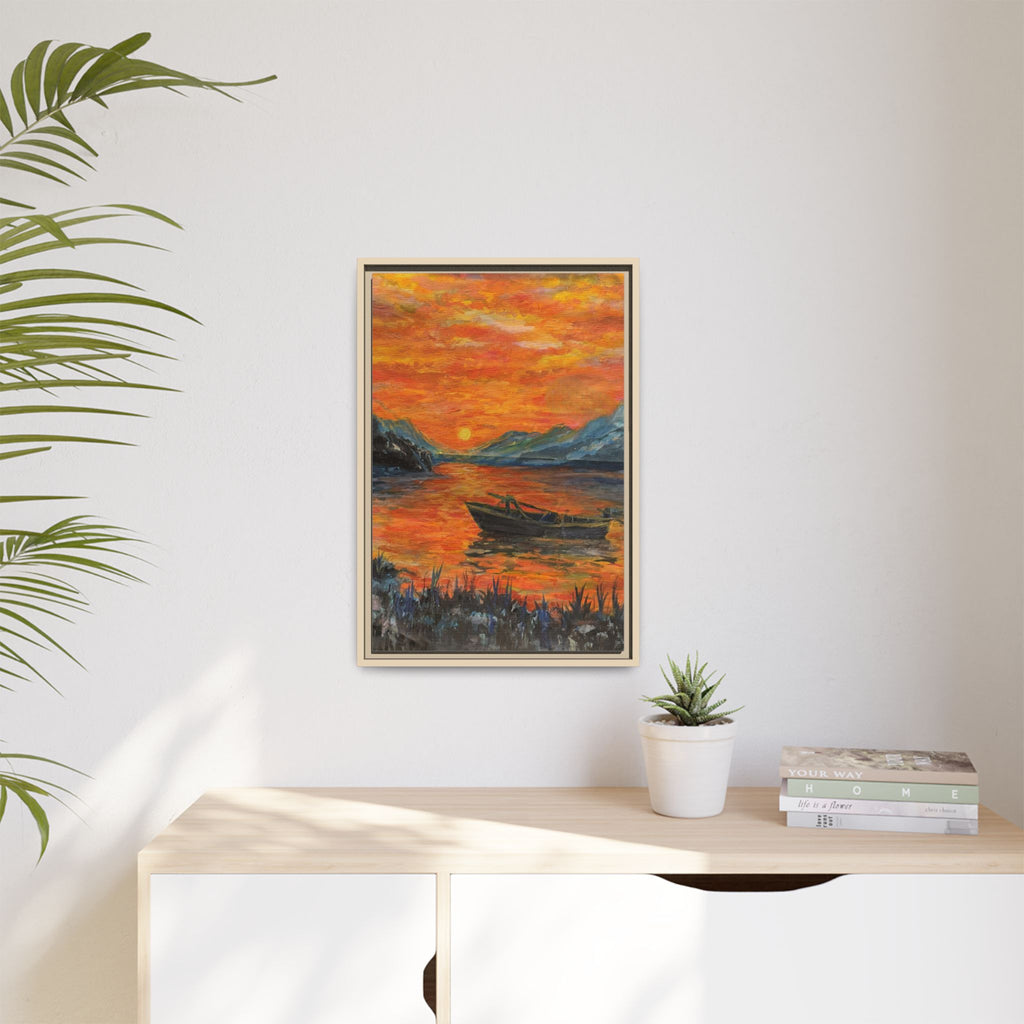 Boat on Sunset Lake Framed Canvas Print of Original — Orange Mountain Lake Wall Art