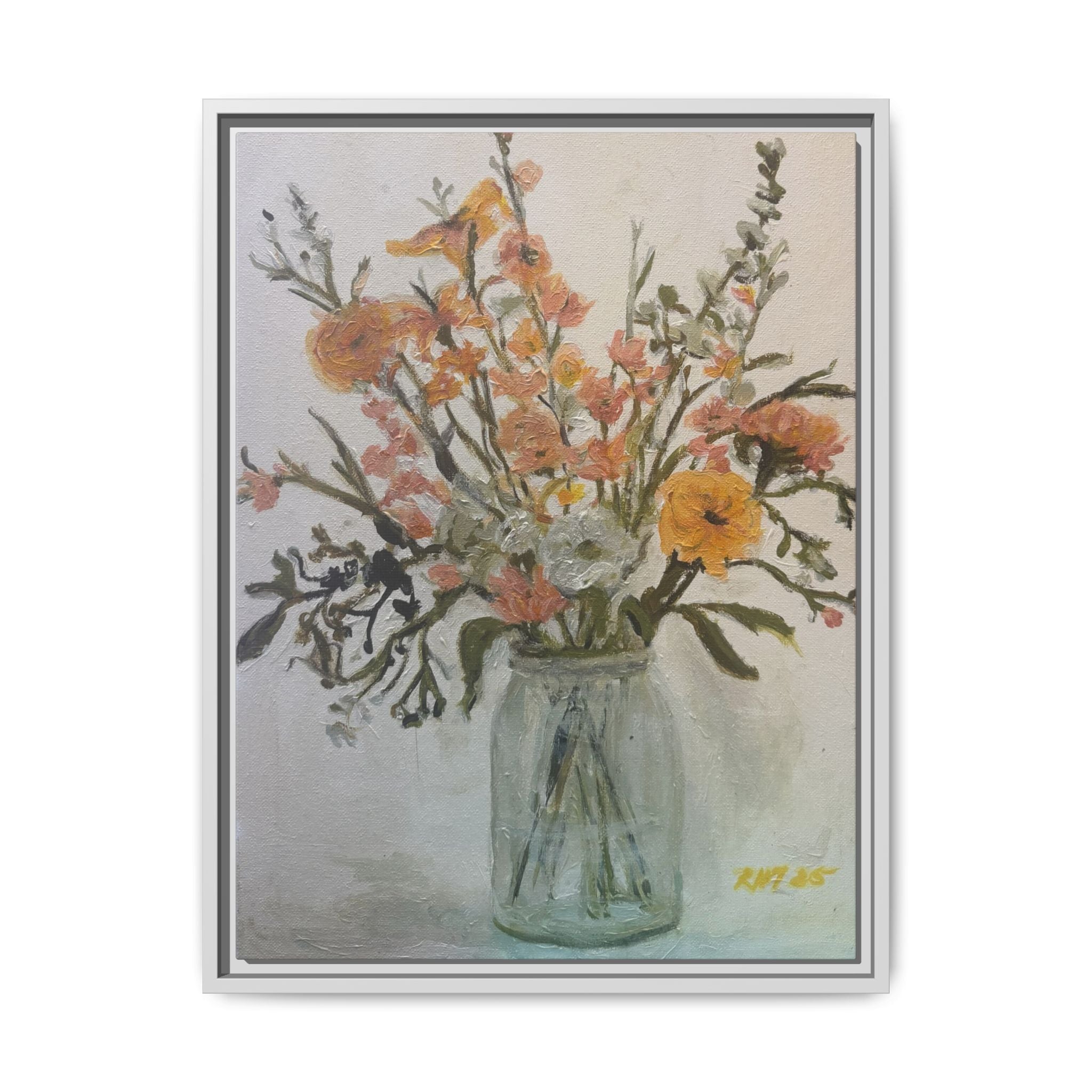Framed Matte Canvas Art - Flower in Glass Jar Floral Painting Print of Original