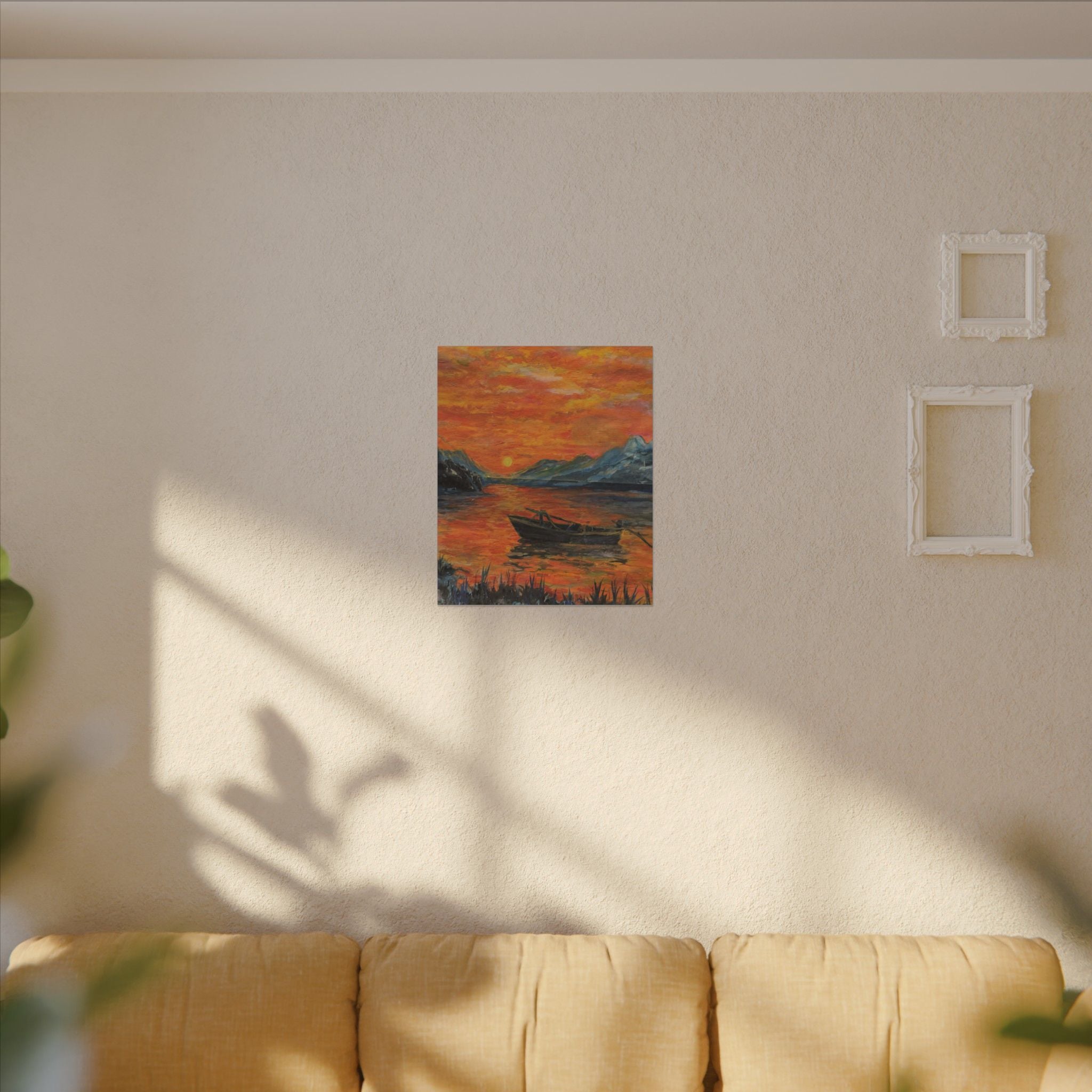 Boat on Sunset Lake Canvas Wall Art Print of Original— Orange Seascape Landscape Print