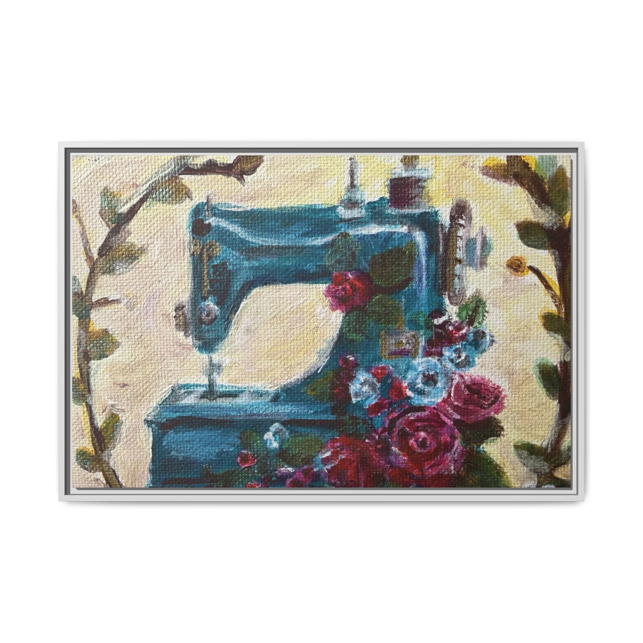 Framed Canvas Wall Art — Vintage Sewing Machine with Roses - Framed Print of the Original Grandma's Sewing Machine