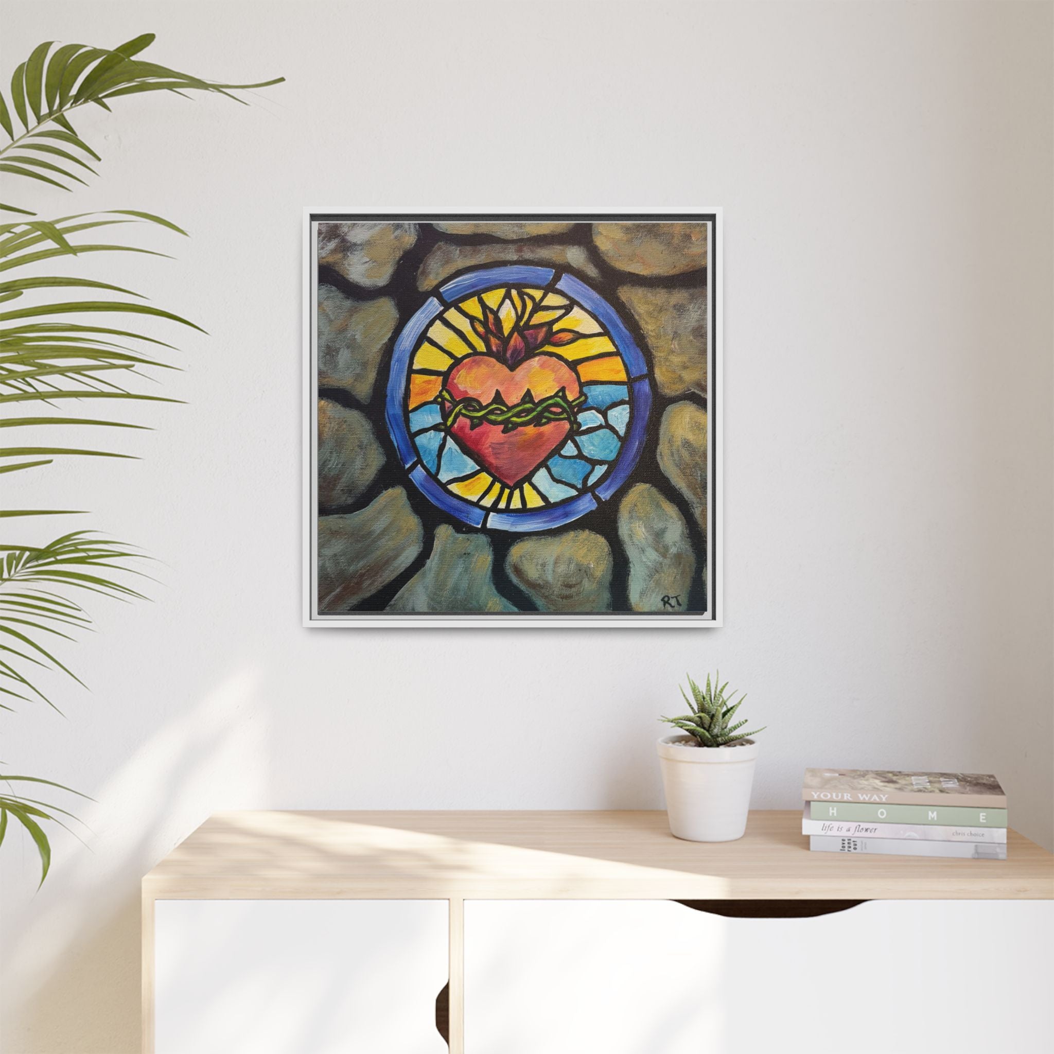 Sacred Heart Stained Glass Print — Framed Matte Canvas