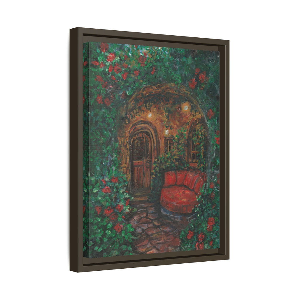 Framed Matte Canvas Art – Cozy Garden Doorway with Red Chair Print of Original Hidden Doorway
