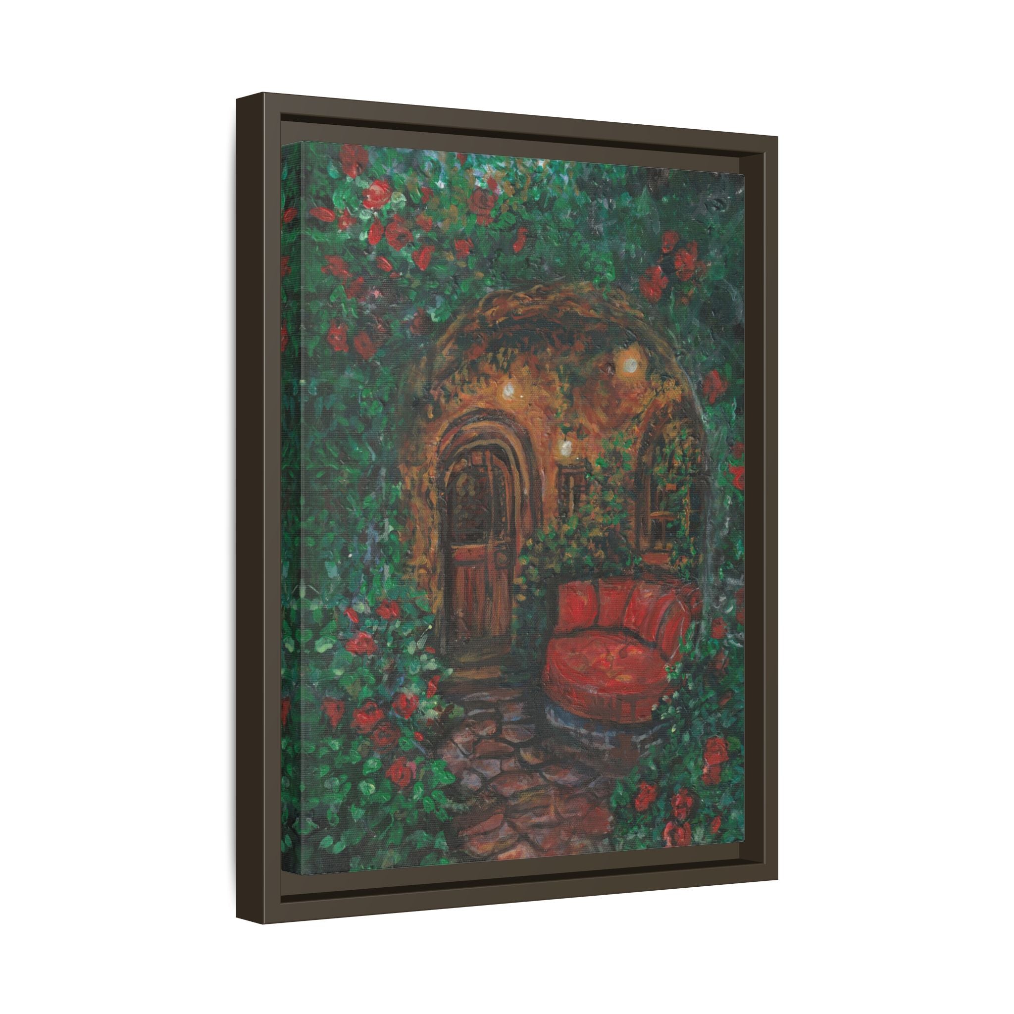 Framed Matte Canvas Art – Cozy Garden Doorway with Red Chair Print of Original Hidden Doorway