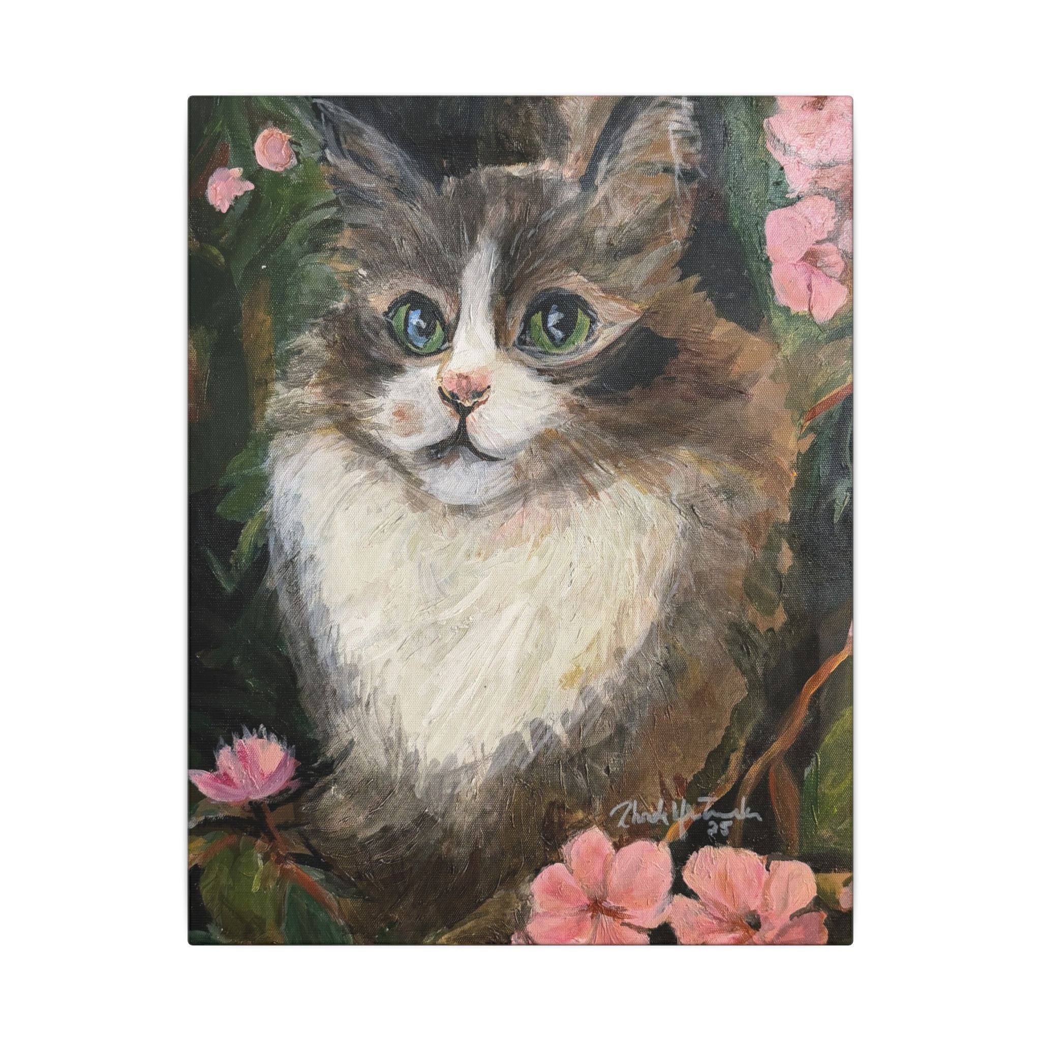 Floral Cat Portrait Canvas Print of Original Mikey