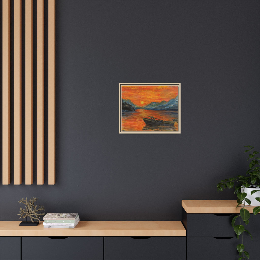 Boat on Sunset Lake Framed Canvas Print of Original — Orange Mountain Lake Wall Art