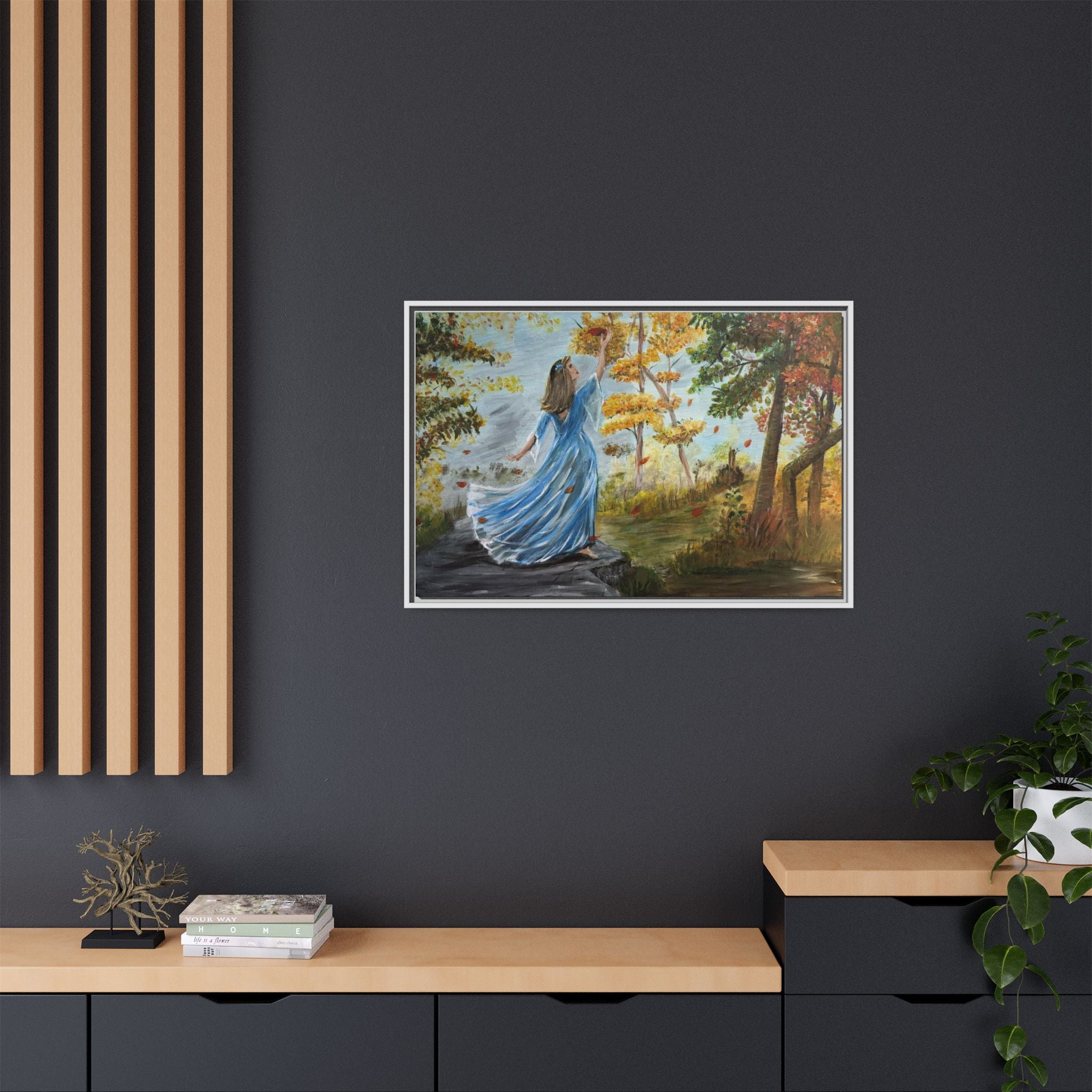 Autumn Breeze Canvas Print — Woman in Blue Dress Framed Wall Art