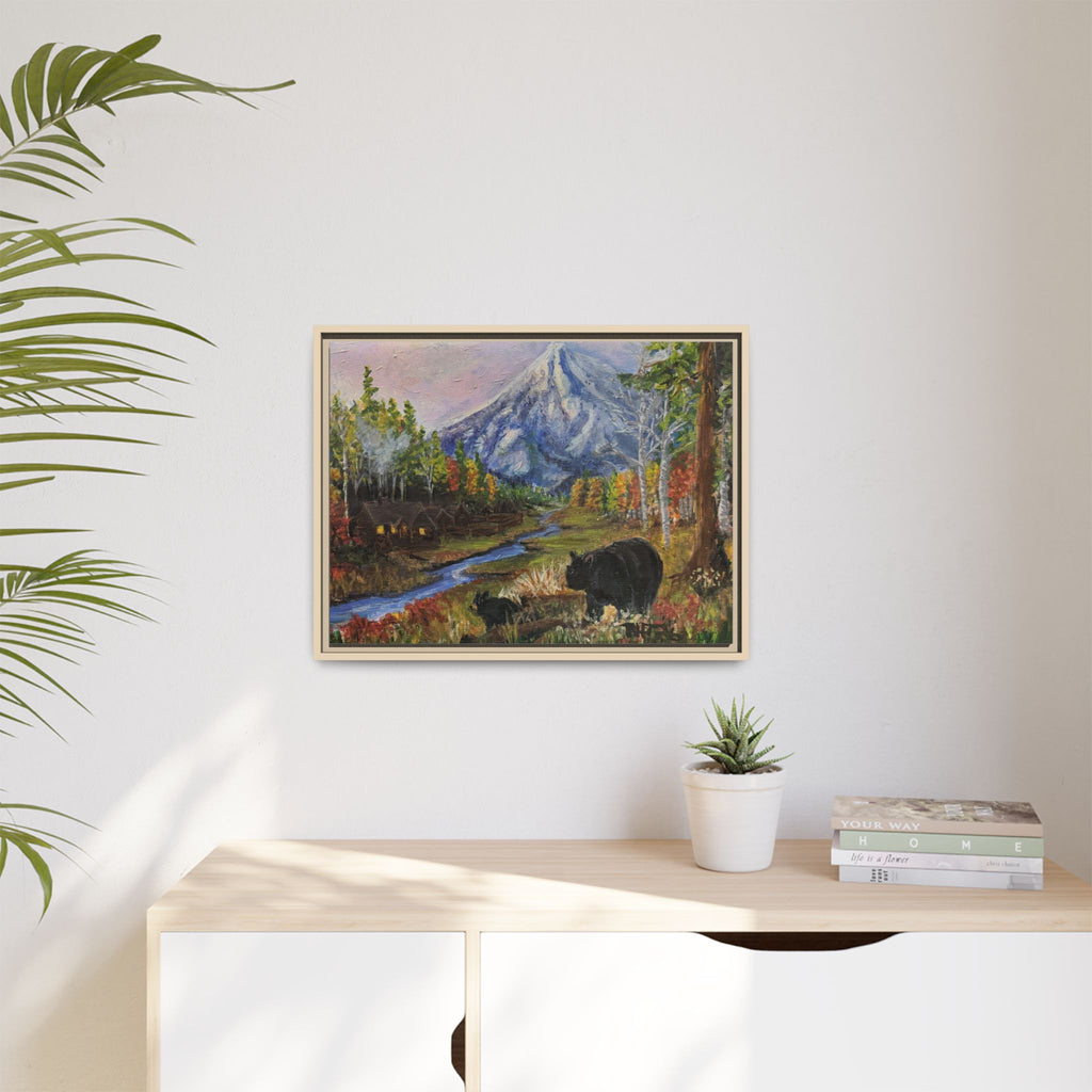 Framed Matte Canvas - Three Bear Stroll  - Mountain Stream with Bears Landscape Wall Art