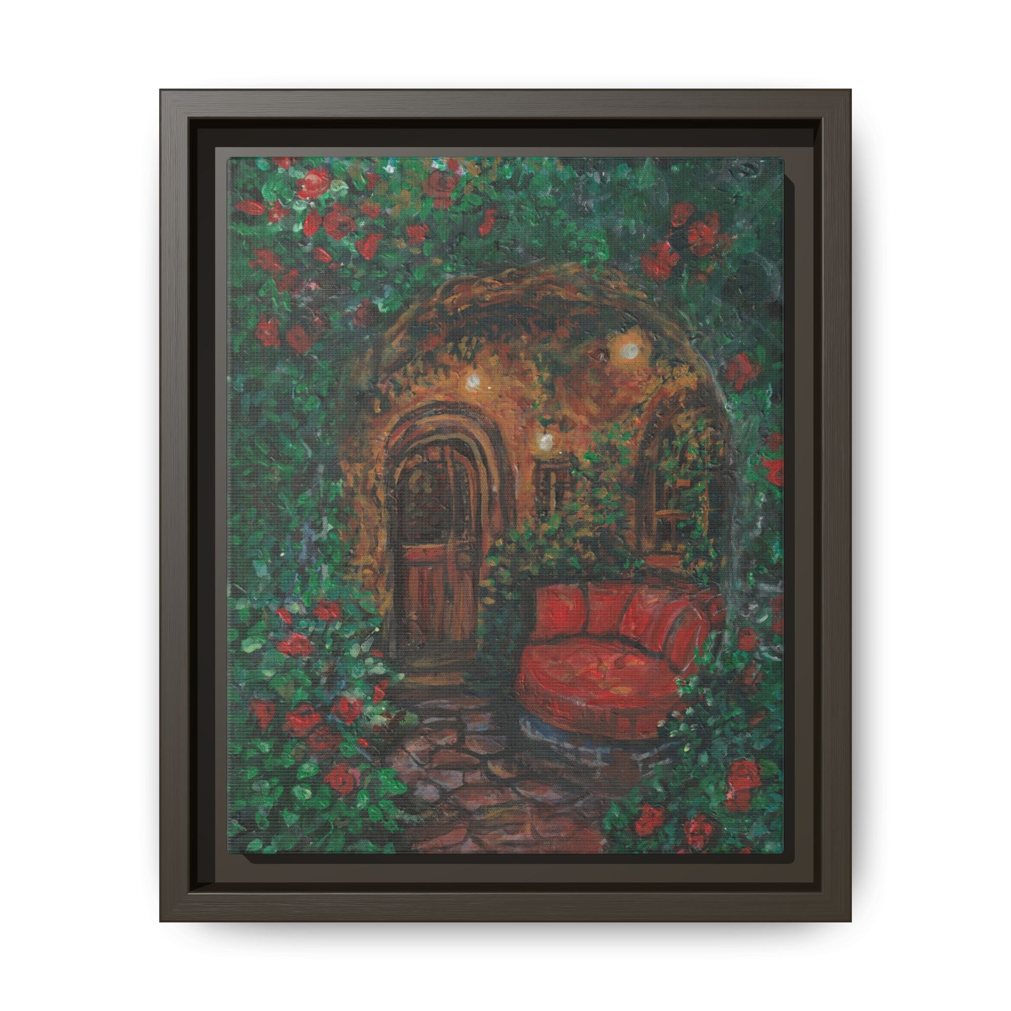 Framed Matte Canvas Art – Cozy Garden Doorway with Red Chair Print of Original Hidden Doorway