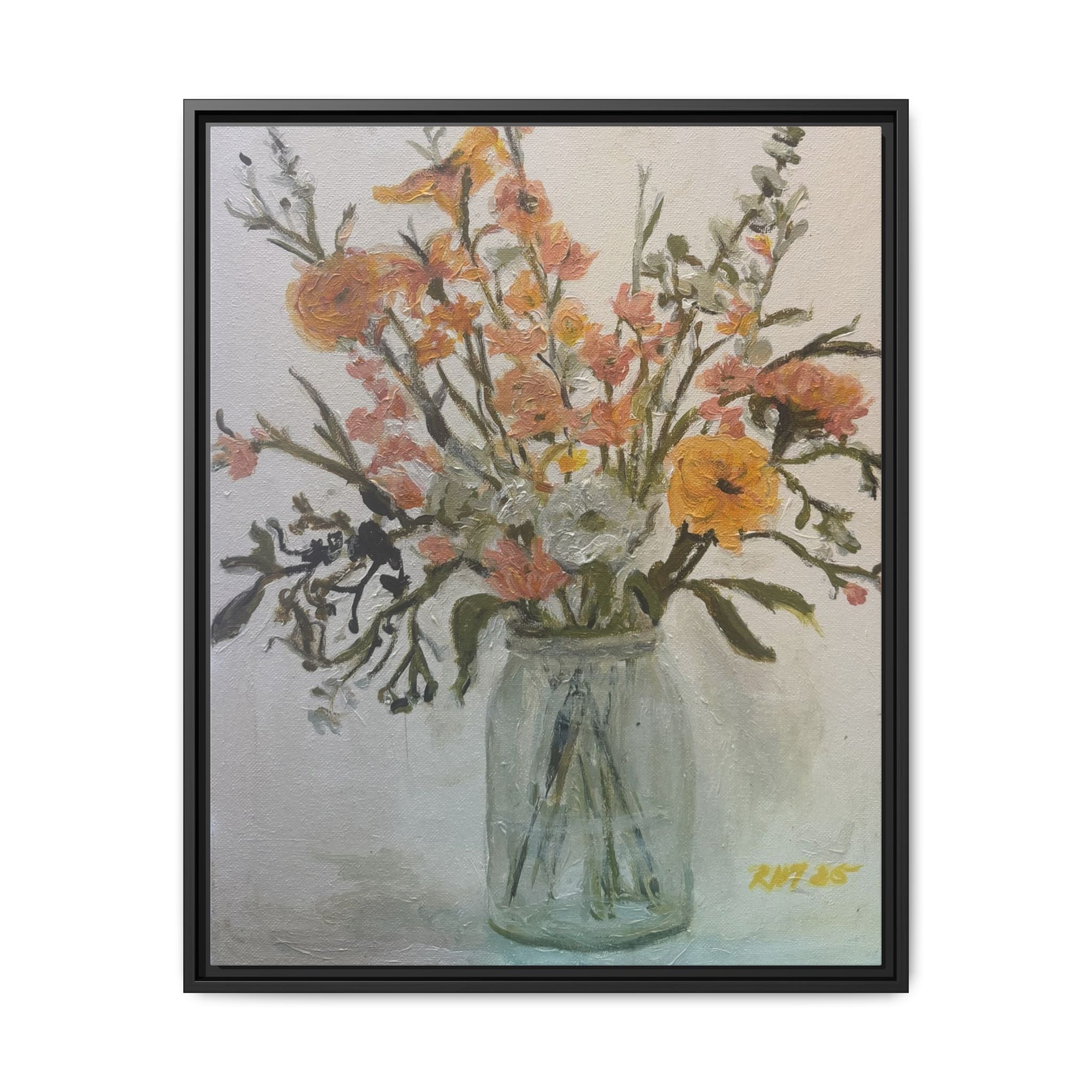 Framed Matte Canvas Art - Flower in Glass Jar Floral Painting Print of Original