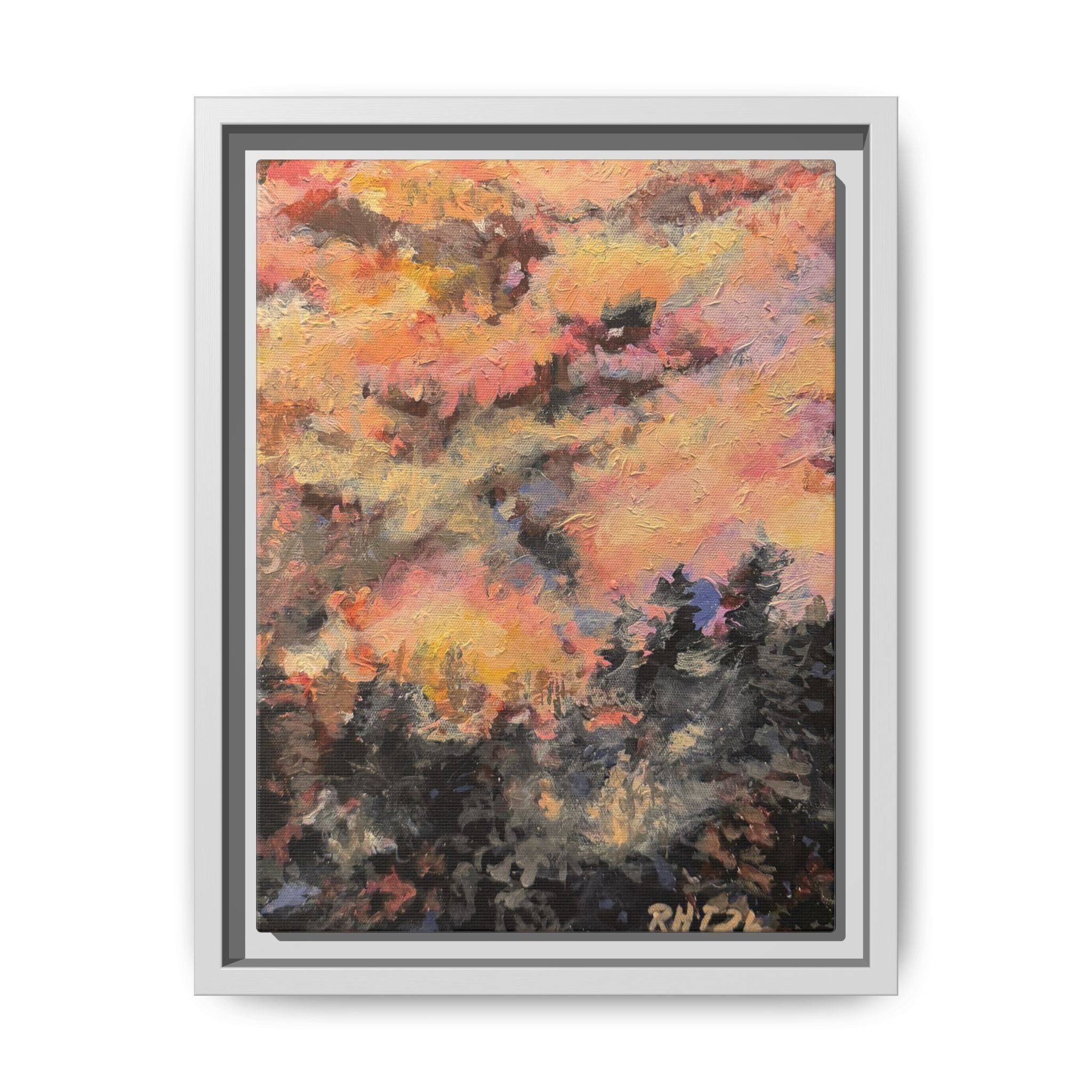 Framed Matte Canvas Art of Original Mistbow Mountain - Moody Sunset Forest Abstract