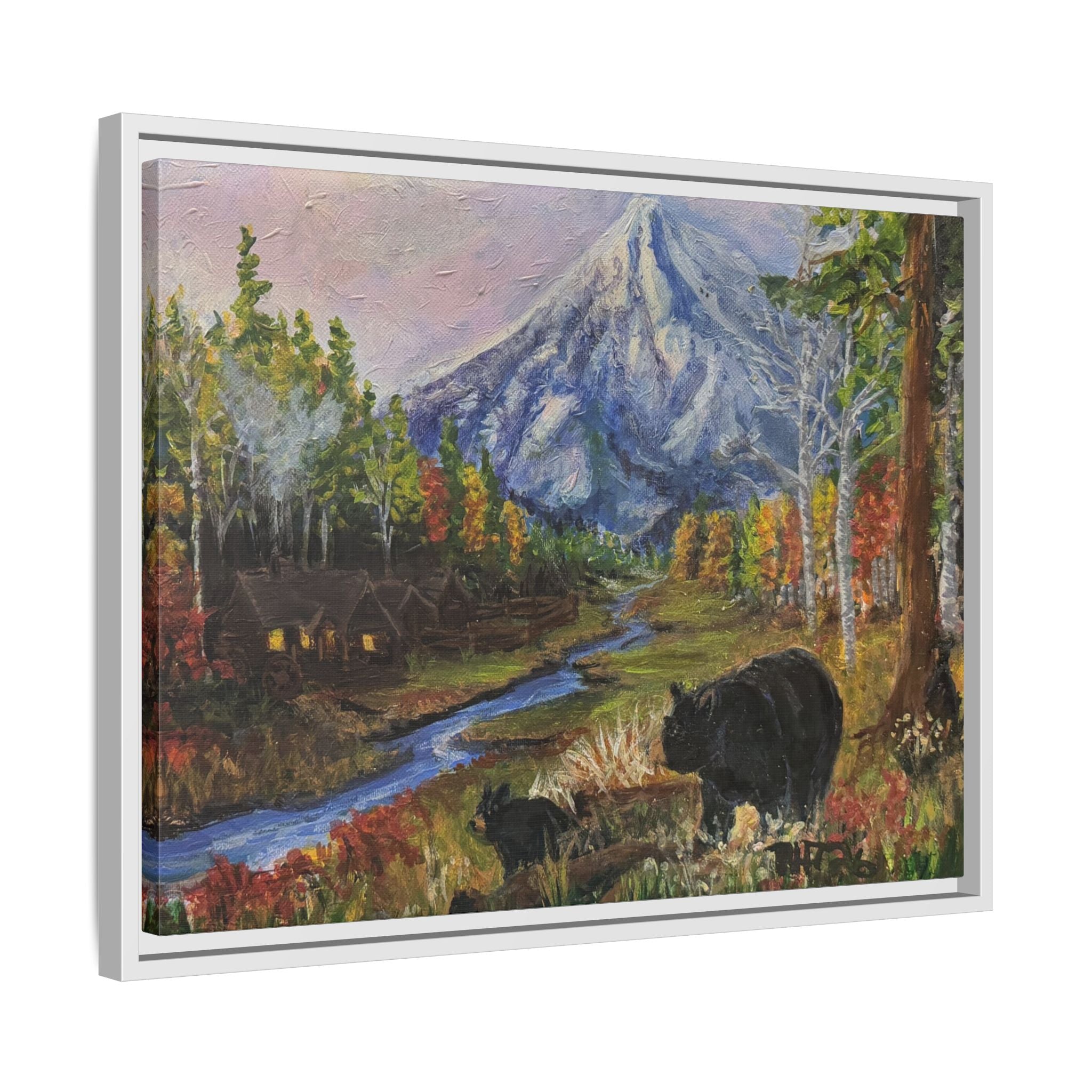 Framed Matte Canvas - Three Bear Stroll  - Mountain Stream with Bears Landscape Wall Art