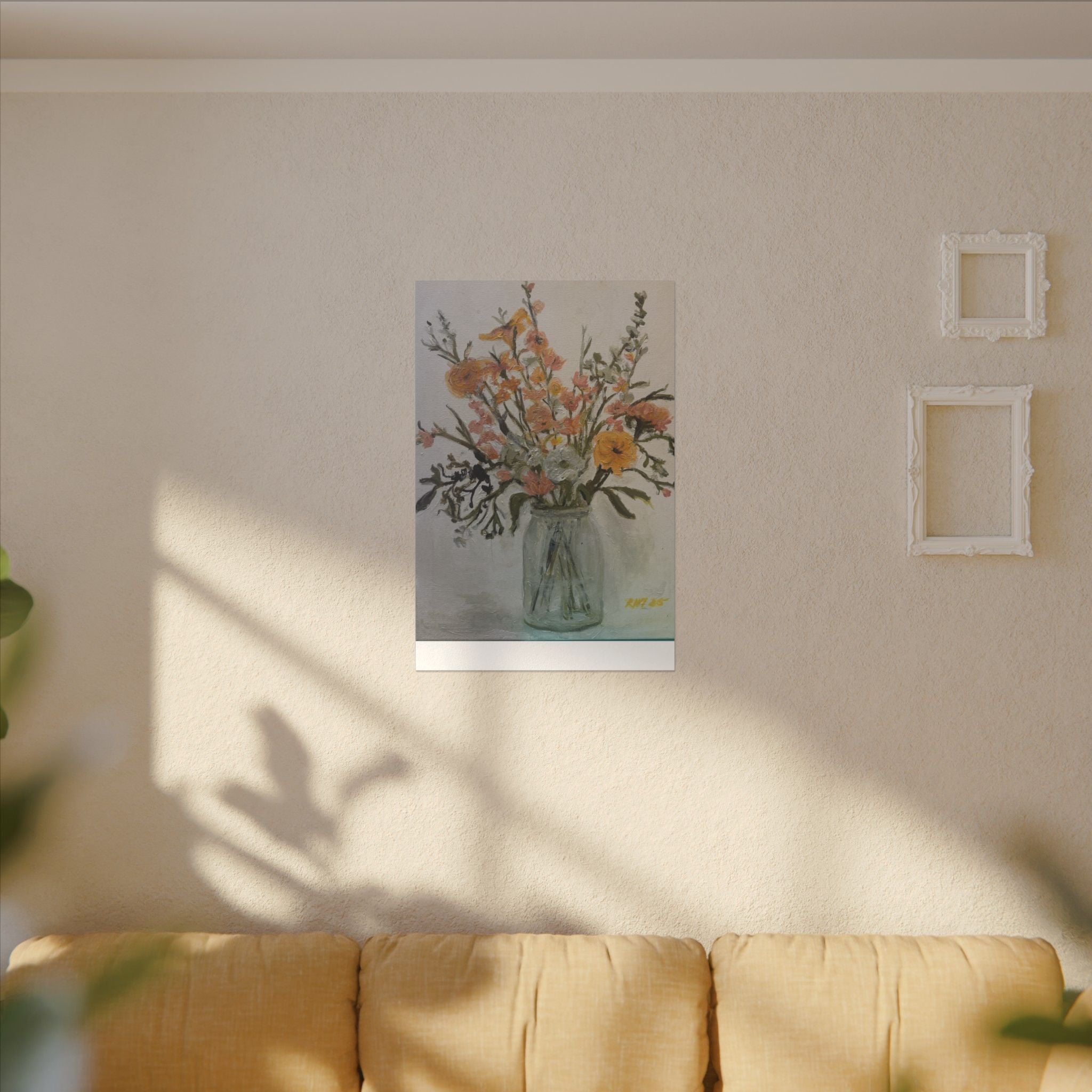 Flowers in Glass Jar Matte Canvas Print of Original— Rustic Cottage Wall Art