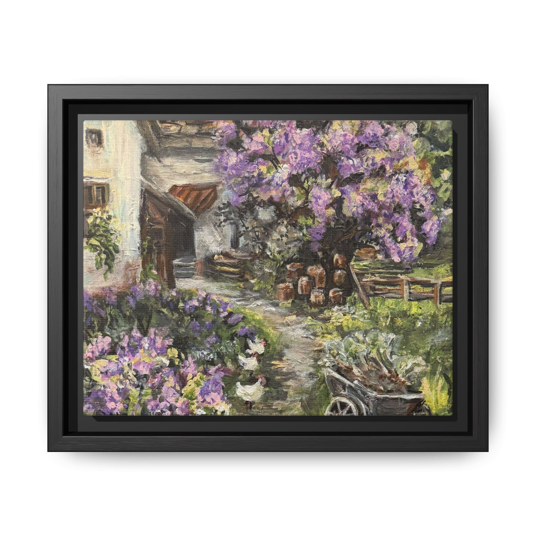 Framed Matte Canvas Print of Original Lavender Cottage— Cottage Garden with Purple Wisteria Wall Art