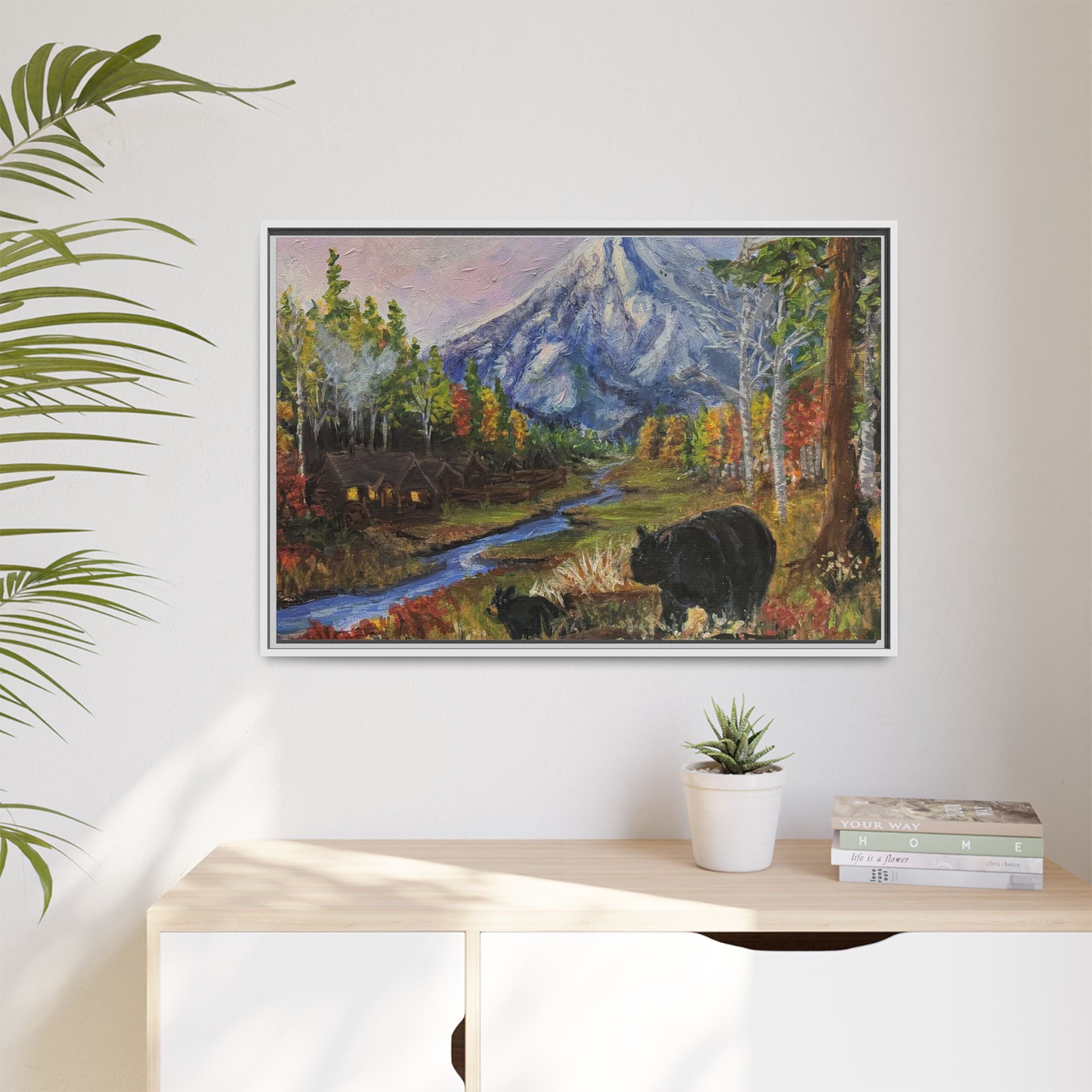 Framed Matte Canvas - Three Bear Stroll  - Mountain Stream with Bears Landscape Wall Art