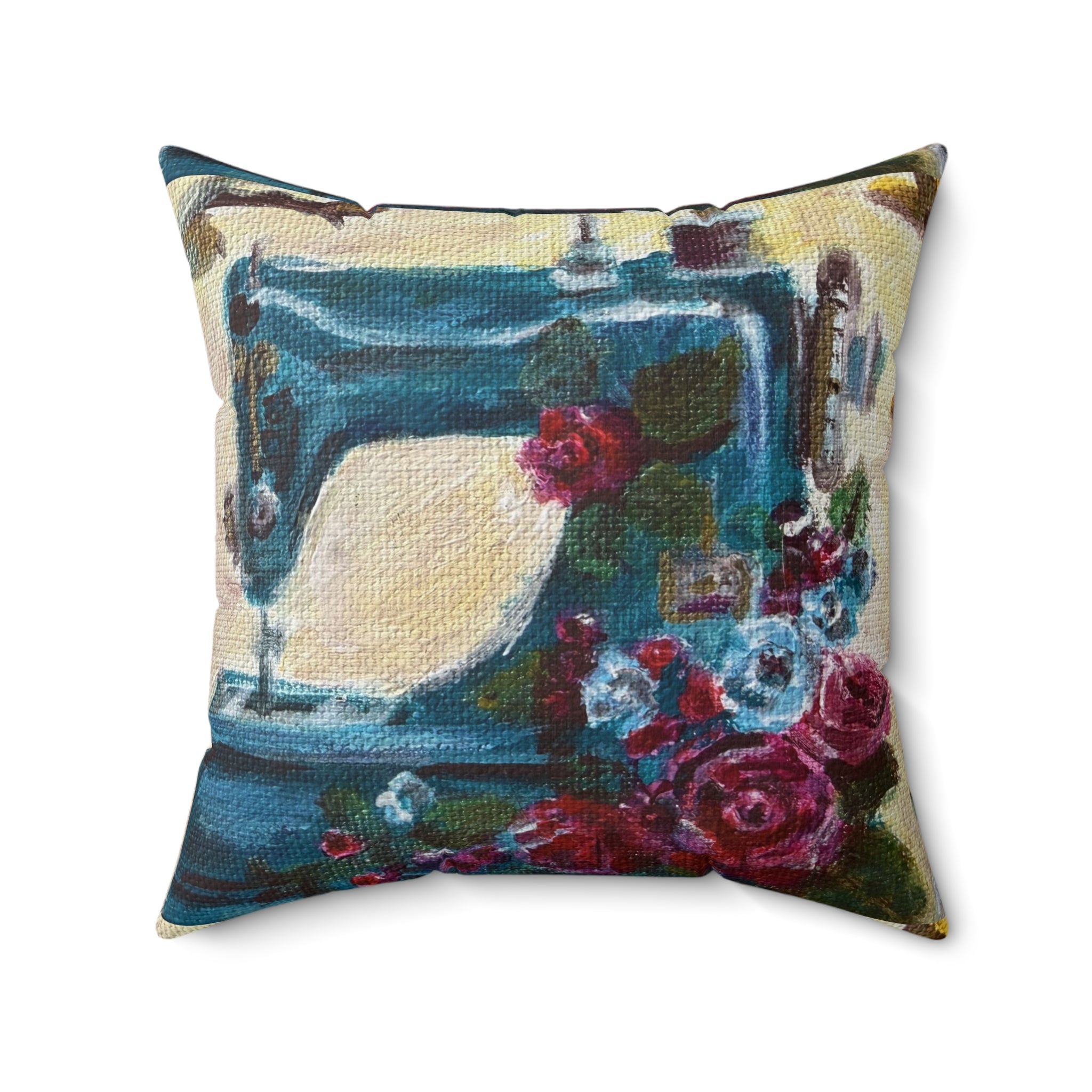 Vintage Sewing Machine Decorative Throw Pillow — Floral Cottage Accent