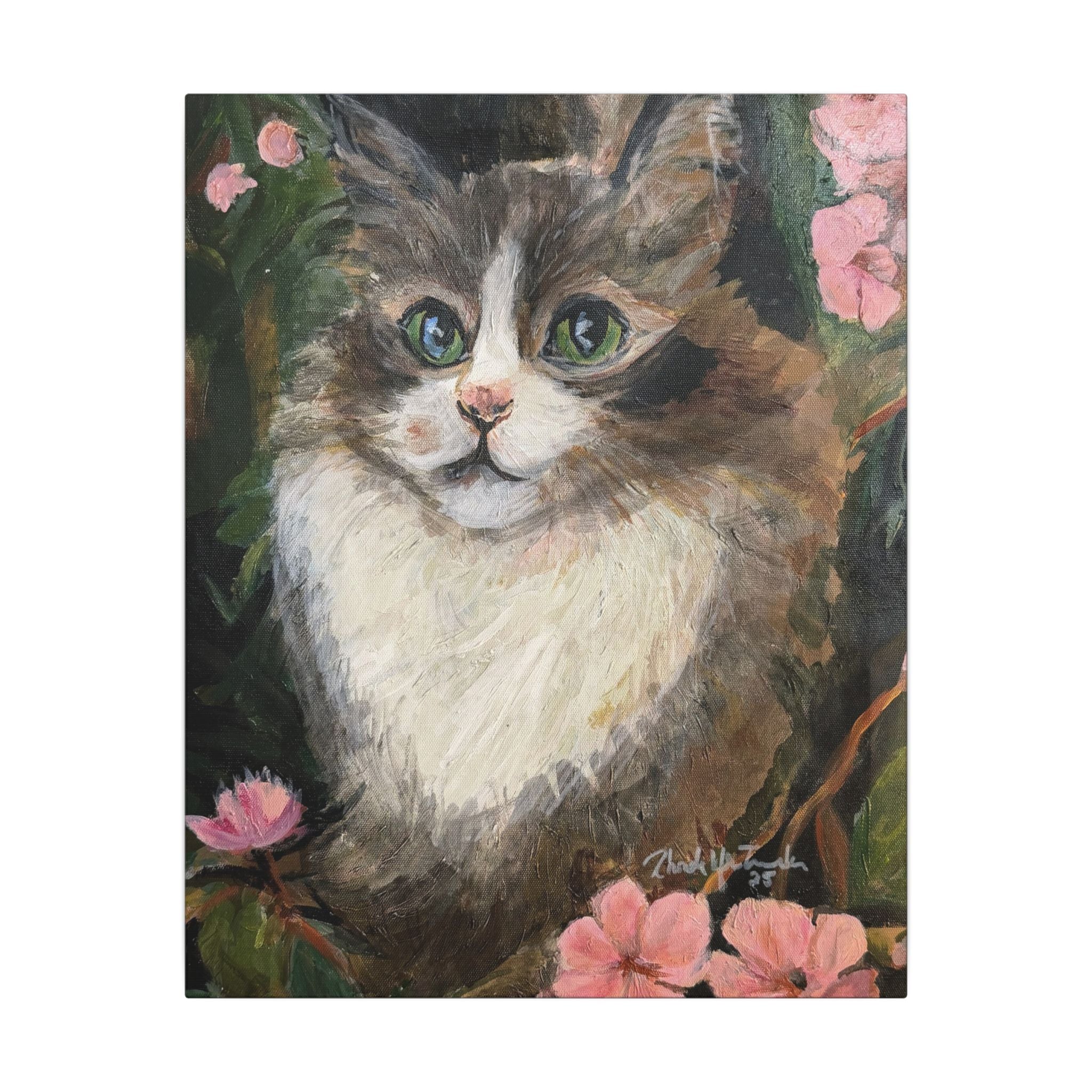 Floral Cat Portrait Canvas Print of Original Mikey