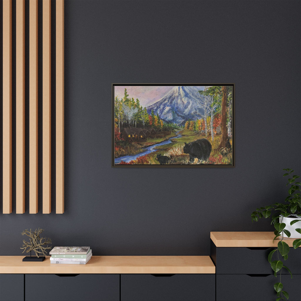 Framed Matte Canvas - Three Bear Stroll  - Mountain Stream with Bears Landscape Wall Art