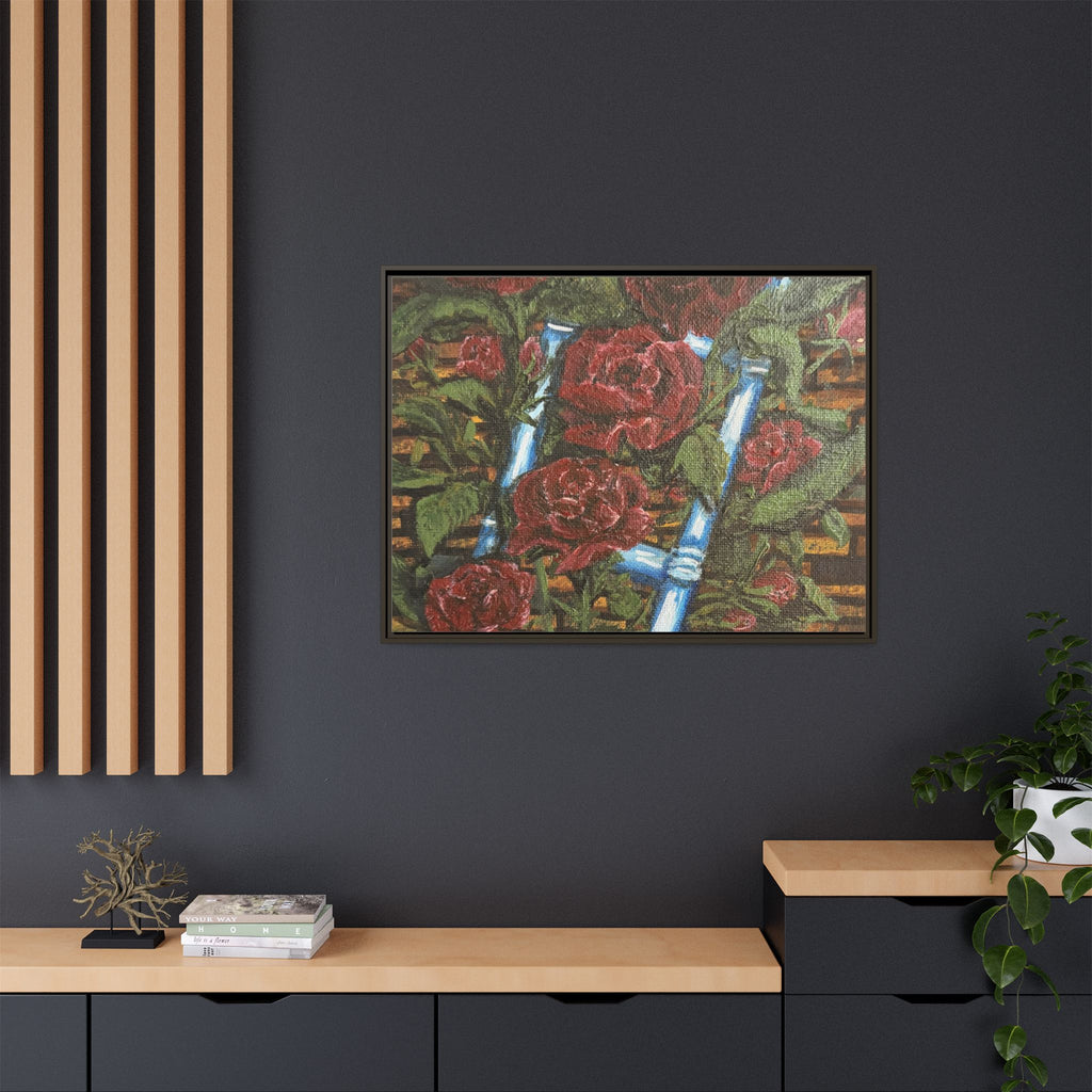 Framed Matte Canvas Art Print of Original Climbing Roses — Red Roses & Blue Ladder Floral Painting