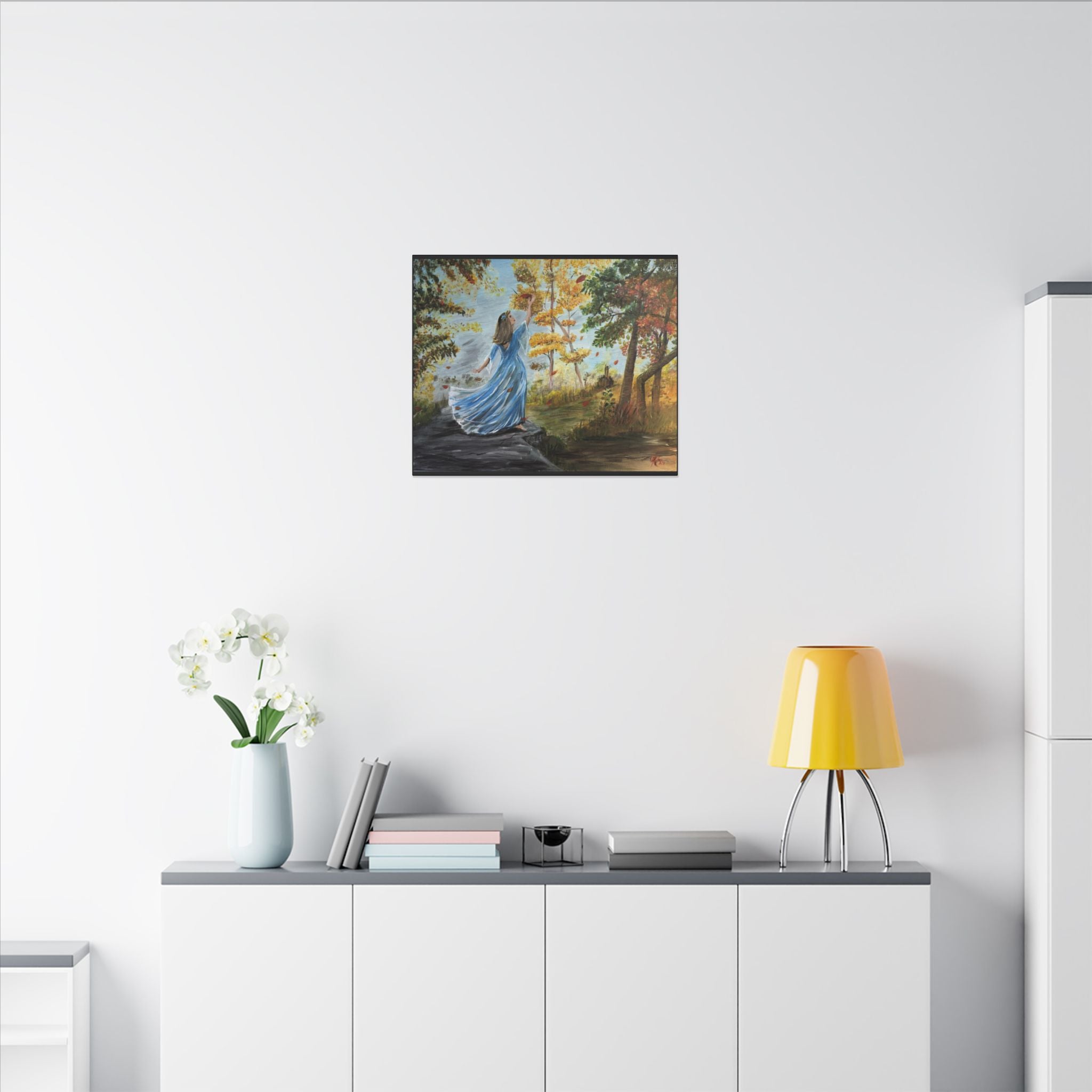 Autumn Breeze Matte Canvas Art Print – Woman in Blue Dress Fall Landscape