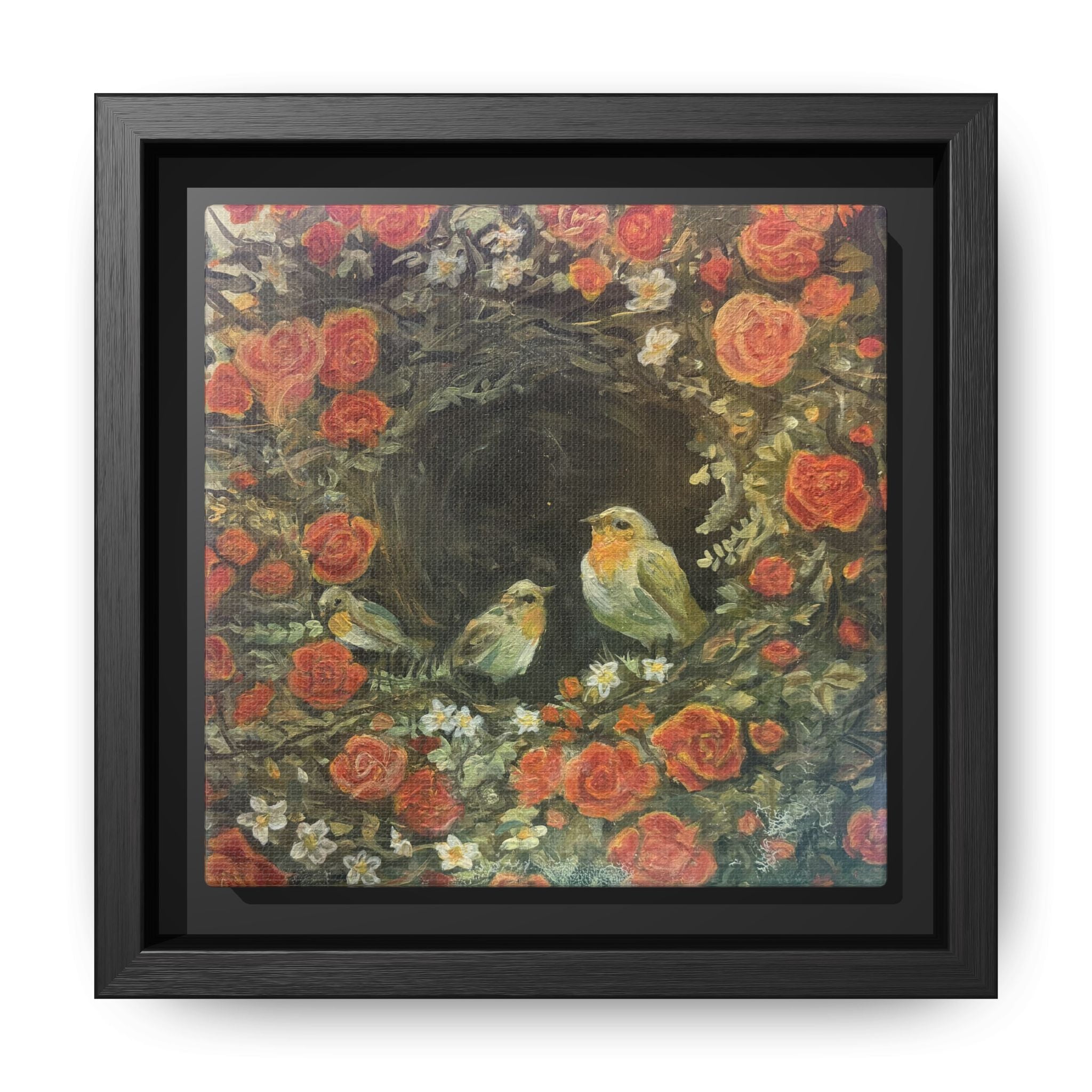 Framed Canvas Art - 'Nest of Roses' Botanical Bird Print
