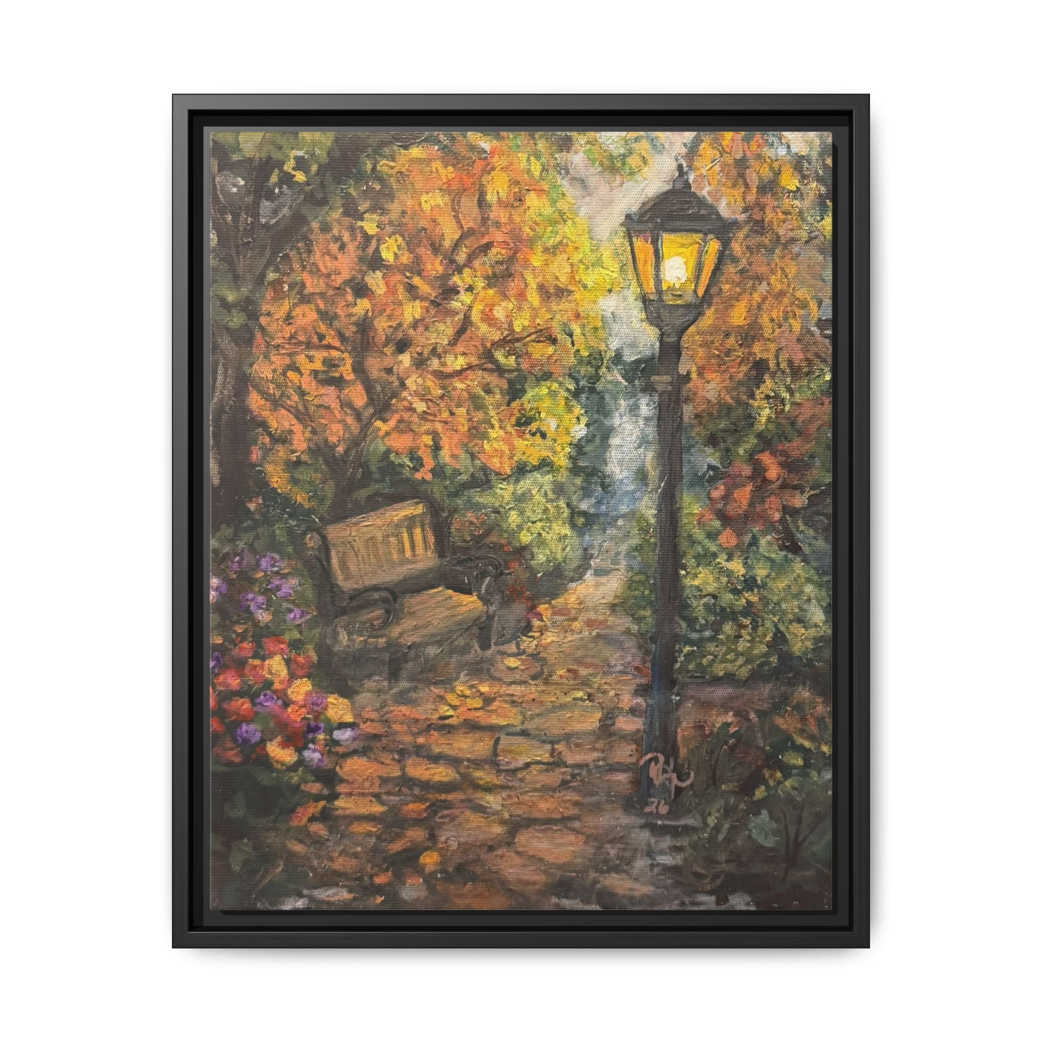 Framed Matte Canvas Art — Autumn Park Bench with Lamp Post (Cozy Fall Wall Decor)