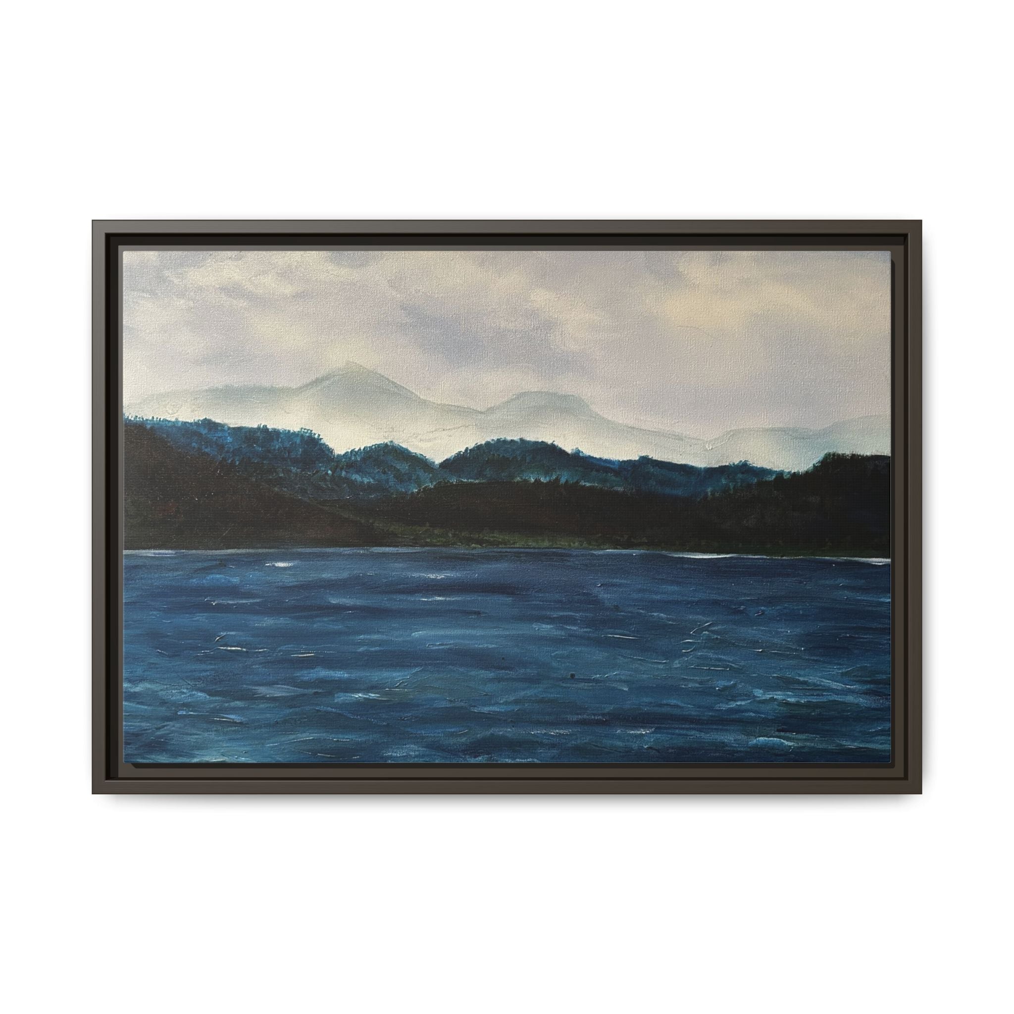 Framed Canvas Print of Original Misty Mountain – Moody Blue Wall Art