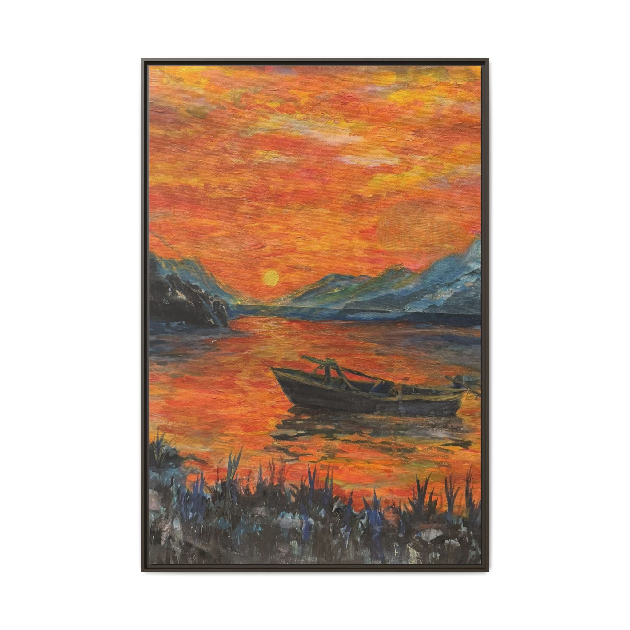 Boat on Sunset Lake Framed Canvas Print of Original — Orange Mountain Lake Wall Art