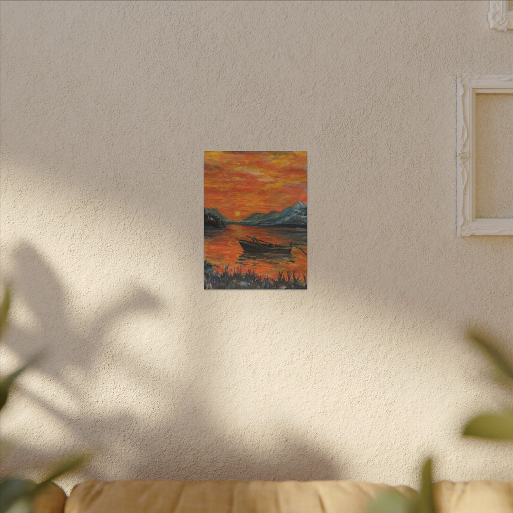 Boat on Sunset Lake Canvas Wall Art Print of Original— Orange Seascape Landscape Print