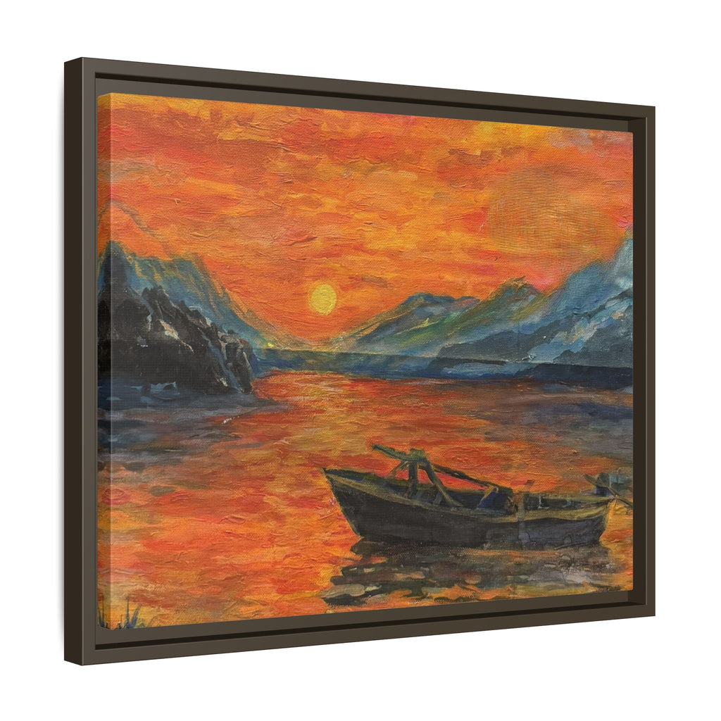 Boat on Sunset Lake Framed Canvas Print of Original — Orange Mountain Lake Wall Art