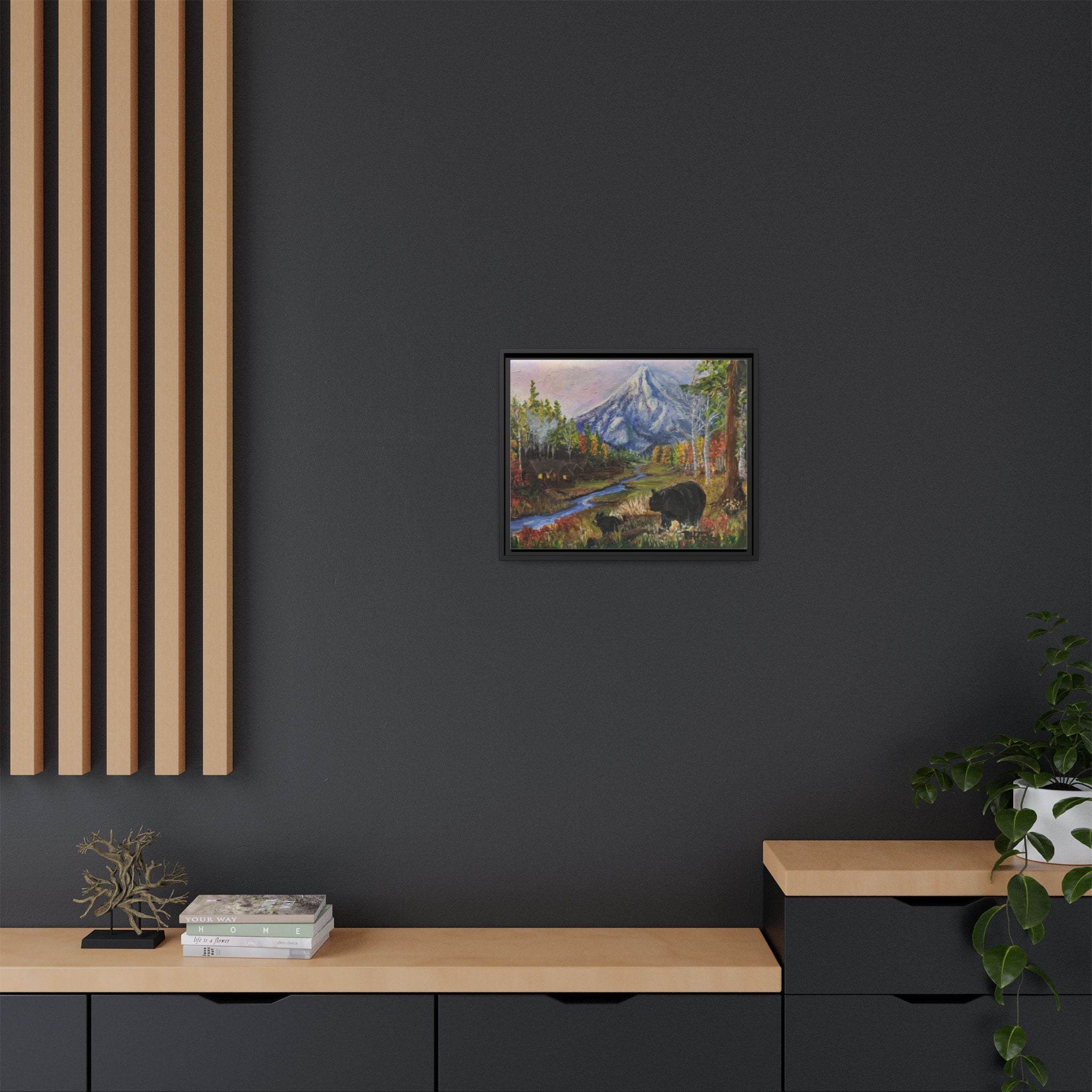 Framed Matte Canvas - Three Bear Stroll  - Mountain Stream with Bears Landscape Wall Art
