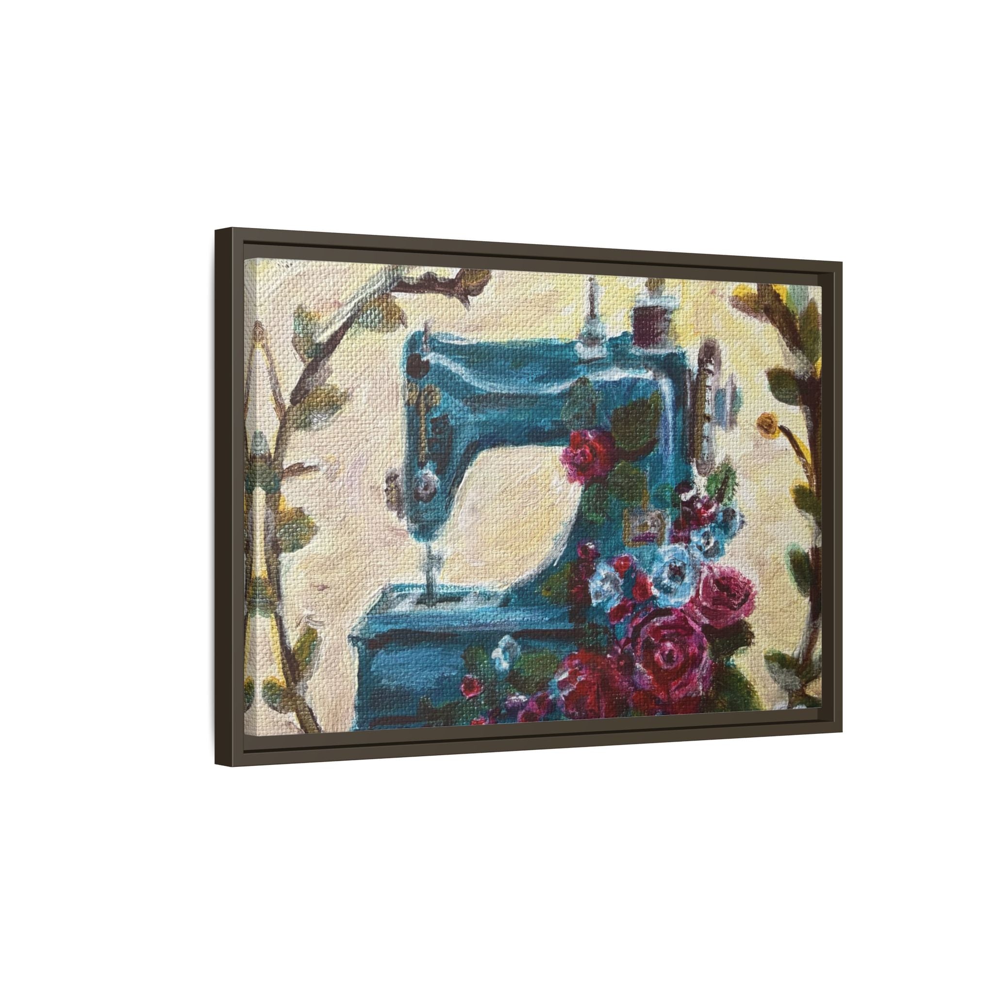 Framed Canvas Wall Art — Vintage Sewing Machine with Roses - Framed Print of the Original Grandma's Sewing Machine