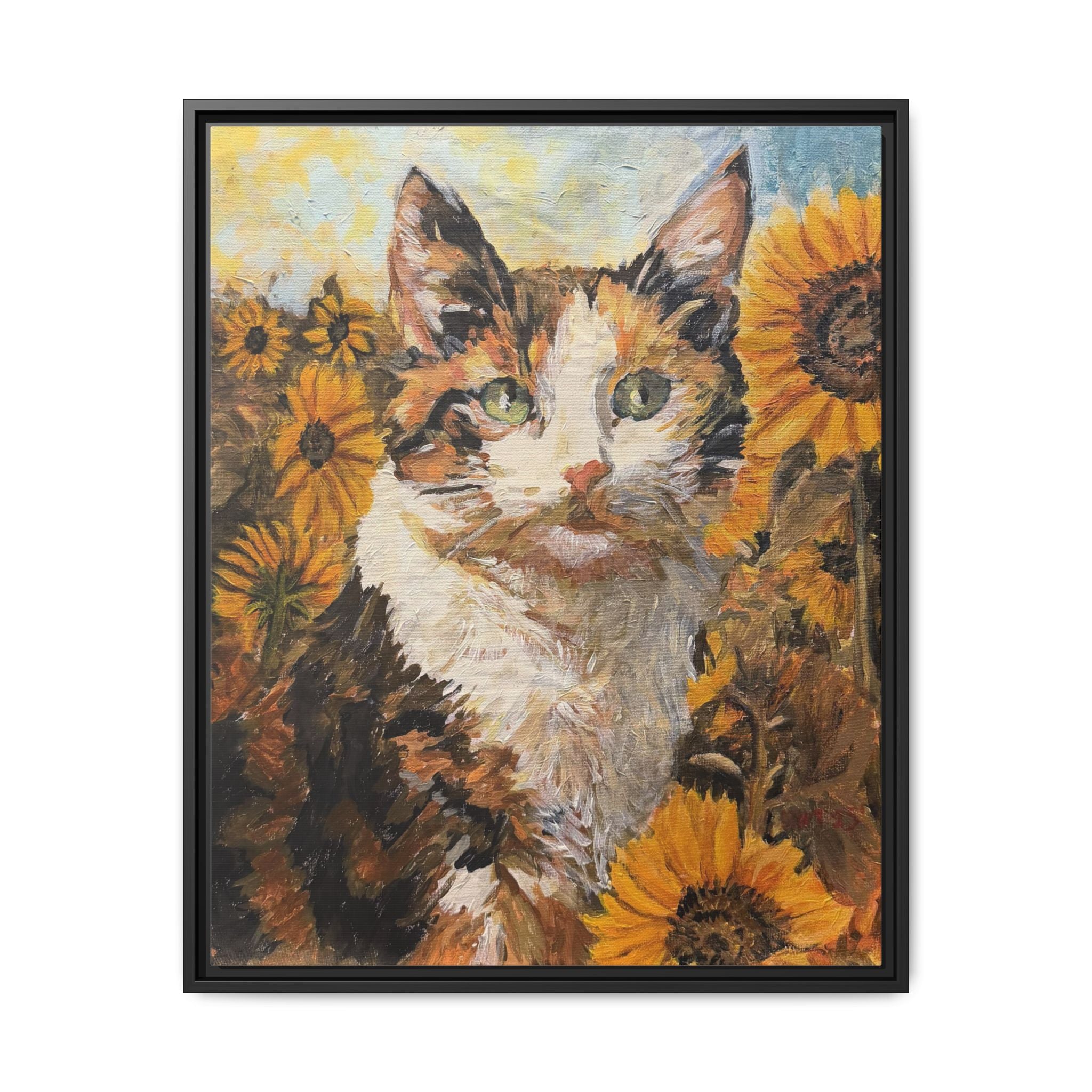 Dixie Cat in Sunflowers — Framed Matte Canvas Wall Art - Print of Original