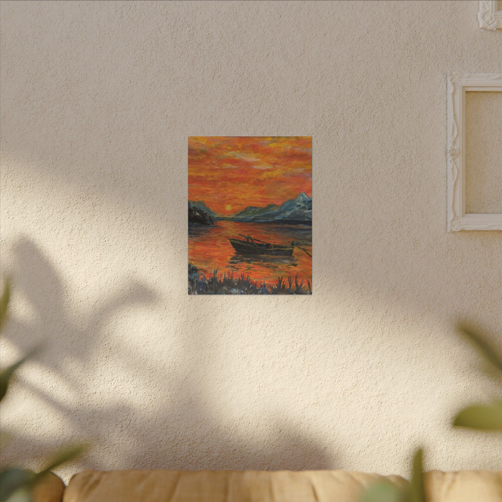 Boat on Sunset Lake Canvas Wall Art Print of Original— Orange Seascape Landscape Print